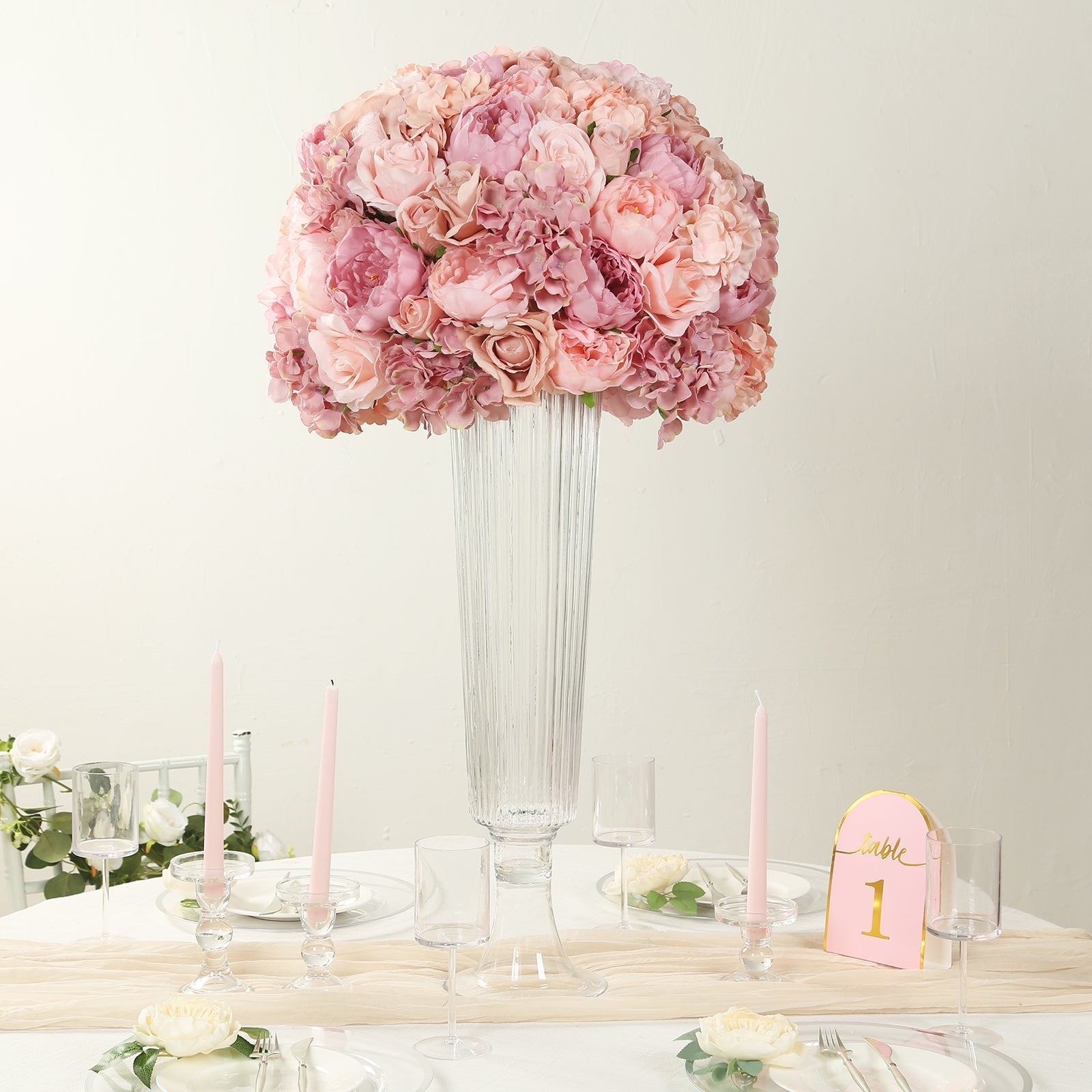 Pre-Arranged Silk Rose Bouquet Floral Arrangement Table Decor, Large Blush Artificial Rose Flower Balls Wedding Centerpieces - 20"