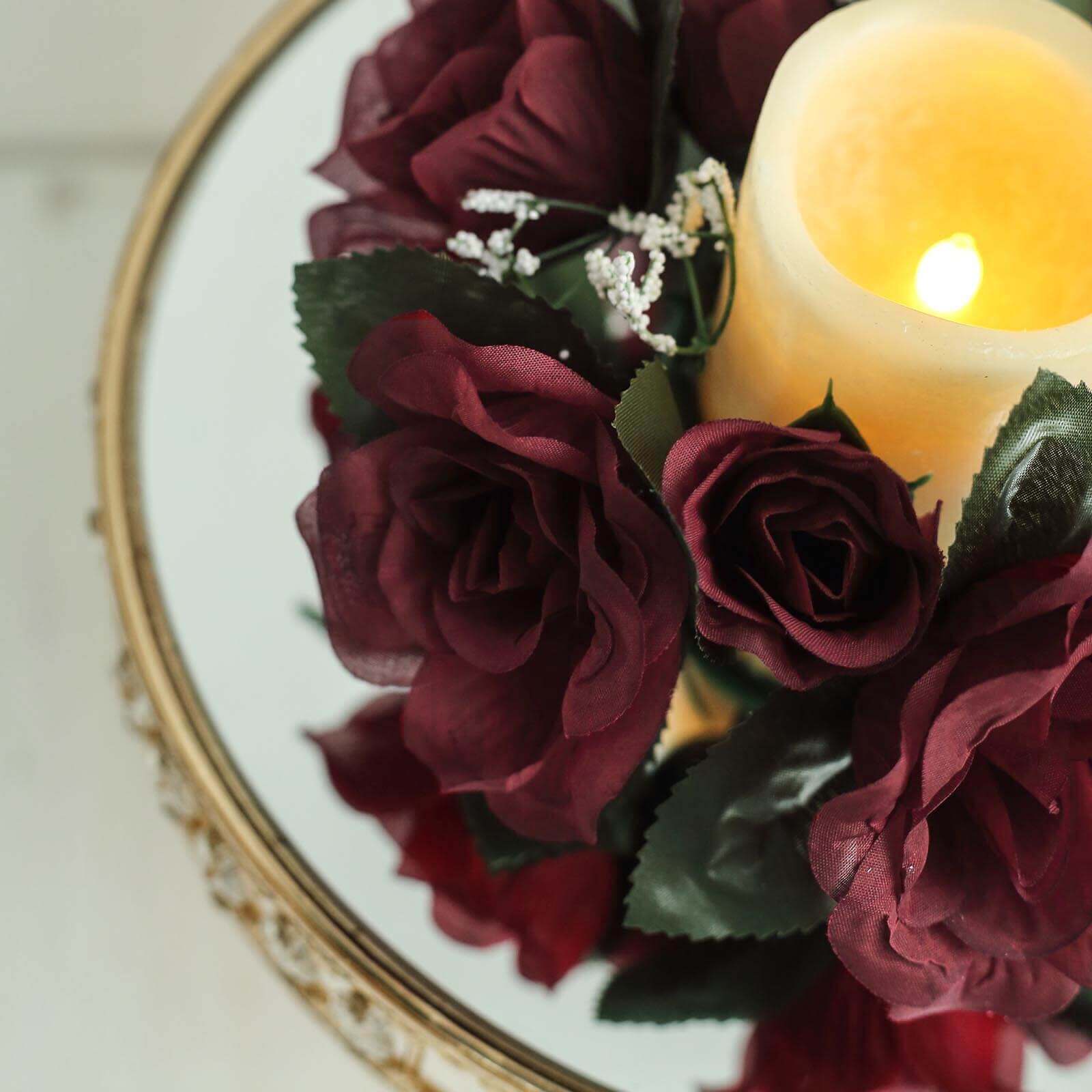 4 Pack 3" Burgundy Artificial Silk Rose Flower Candle Ring Wreaths