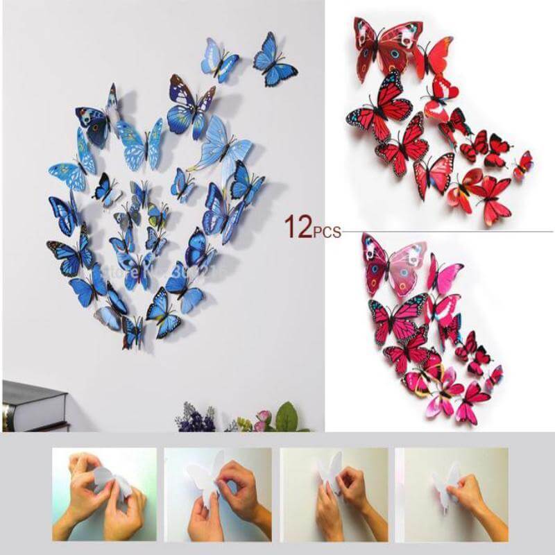 12-Pack 3D Butterfly Wall Decals, DIY Stickers Decorative Pink Collection Removable Design