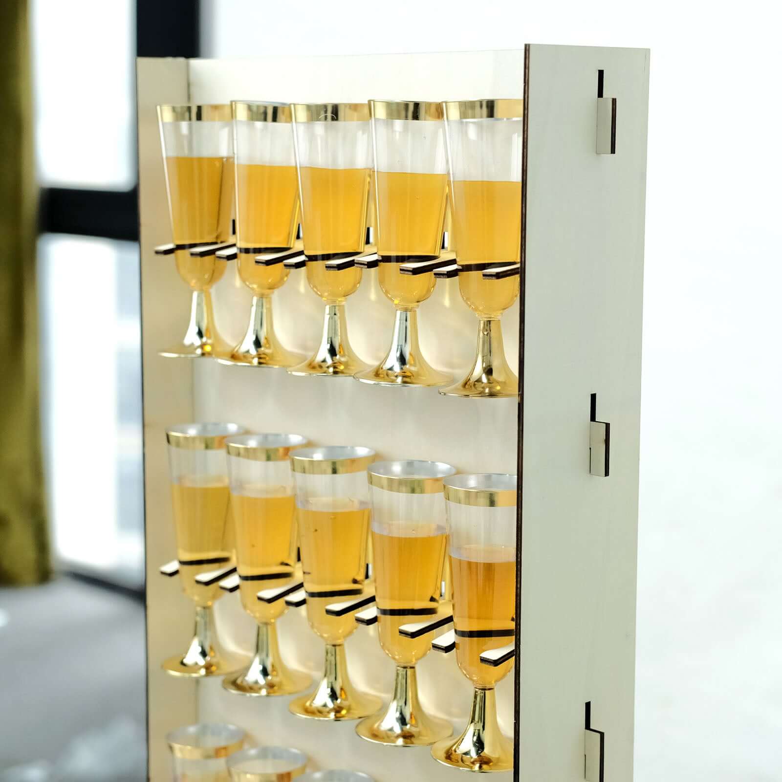 3-Tier Wooden Rectangle Champagne Wall Glass Holder in White - Floor Standing 15 Stemware Rack Cocktail Display Drink Organizer for Rustic Events & Banquets