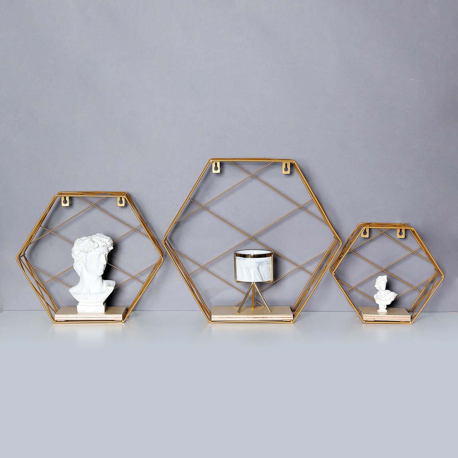 3 Pack Gold Hexagonal Floating Wall Shelves, Decorative Geometric Wall Mounted Shelves - 9",12",14"