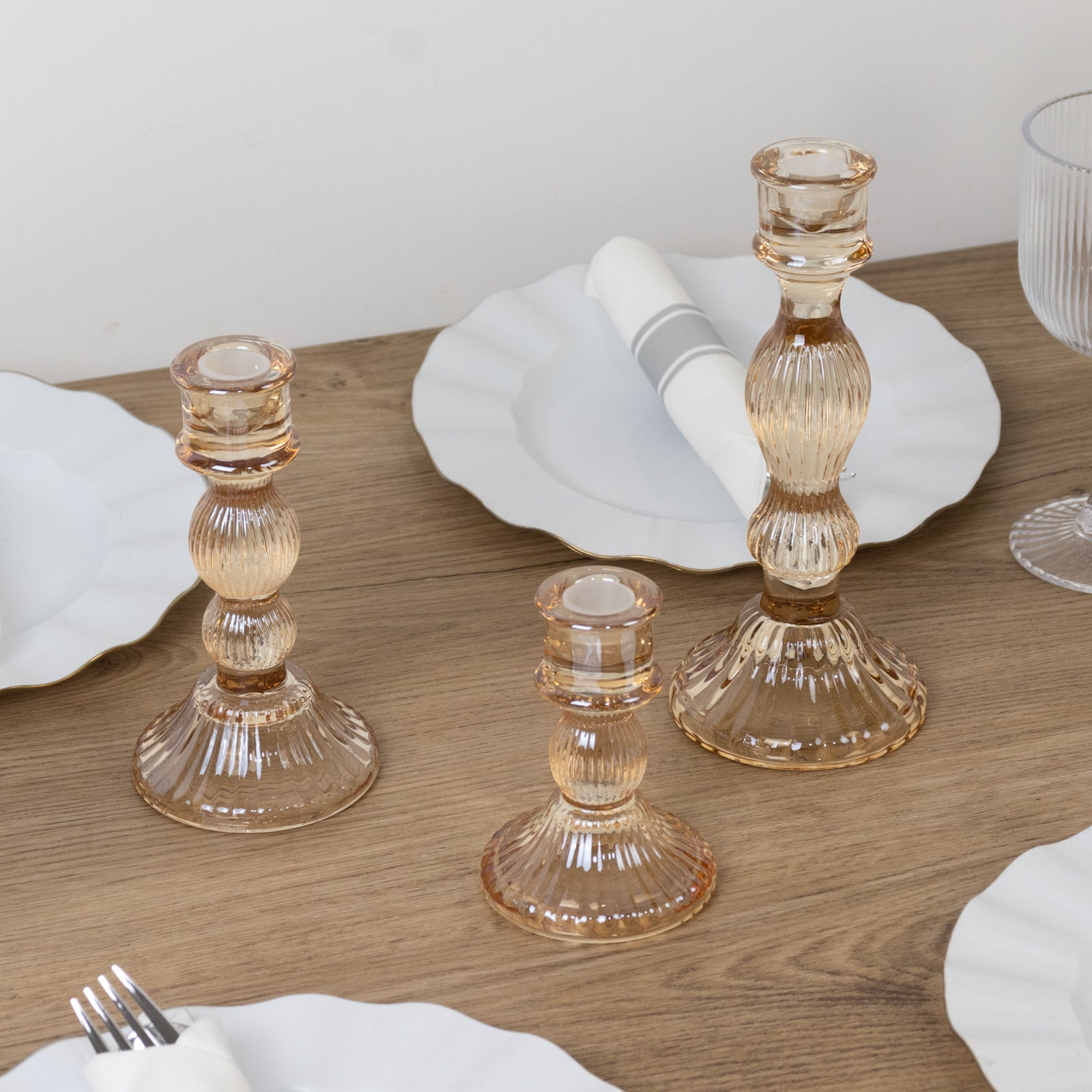 Set of 3 Amber Gold Ribbed Glass Taper Candlestick Holders, Fluted Crystal Candle Stands - 4", 6", 8"