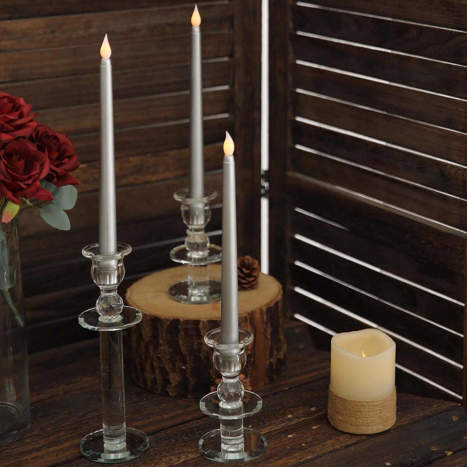 3-Pack LED Decorative Lighting Warm Flickering Silver - Flameless Taper Candles 11"
