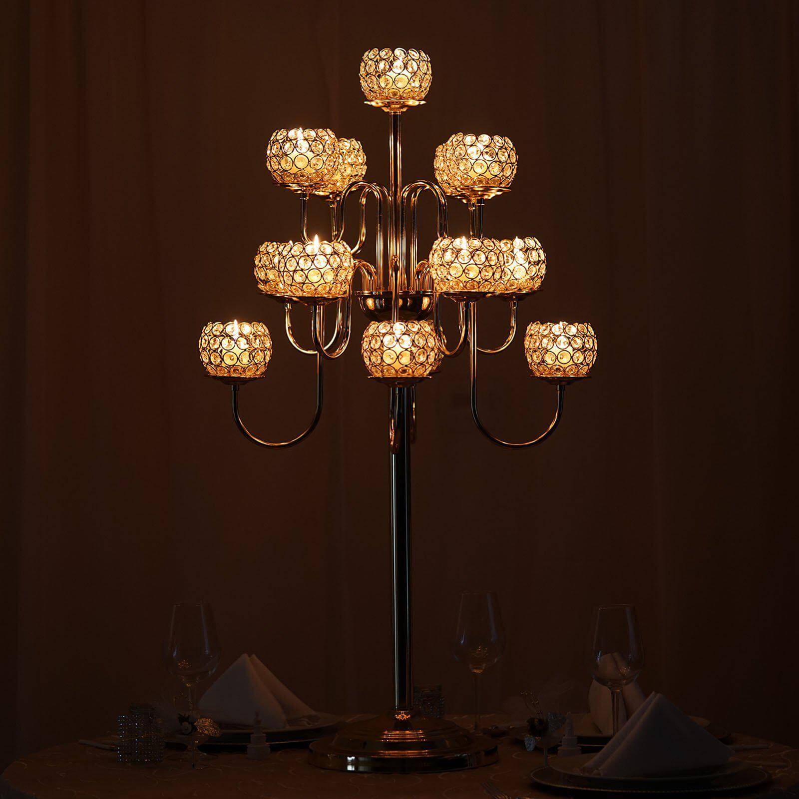 Metal Crystal Beaded Candelabra Gold 13 Arm Design - Table Centerpiece for Events 40"