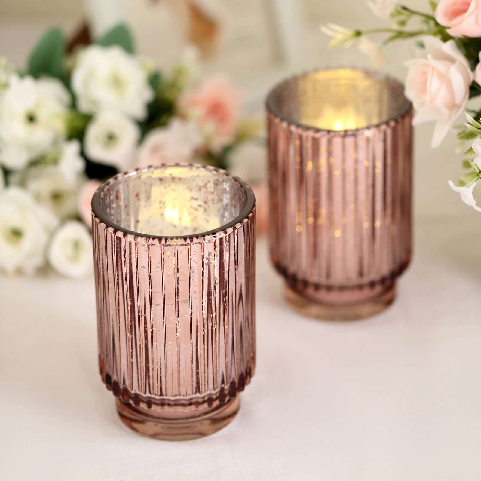 3-Pack Mercury Glass Hurricane Candle Holders Rose Gold Wavy Column Design - Votive Pillar Vase 5"