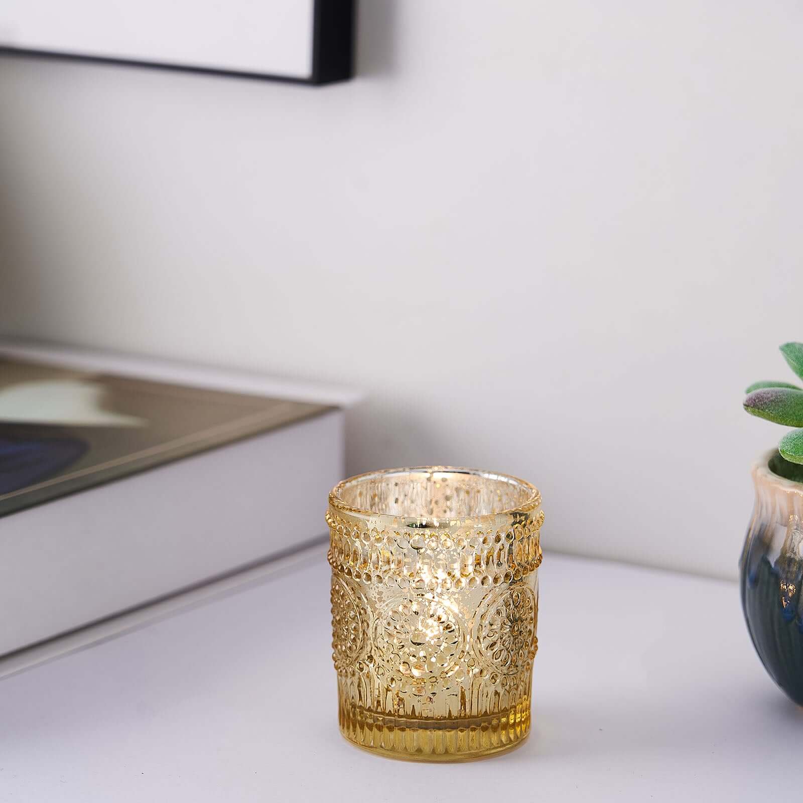 6-Pack Gold Glass Votive Tealight Holders - Stylish Primrose Design for Weddings & Décor