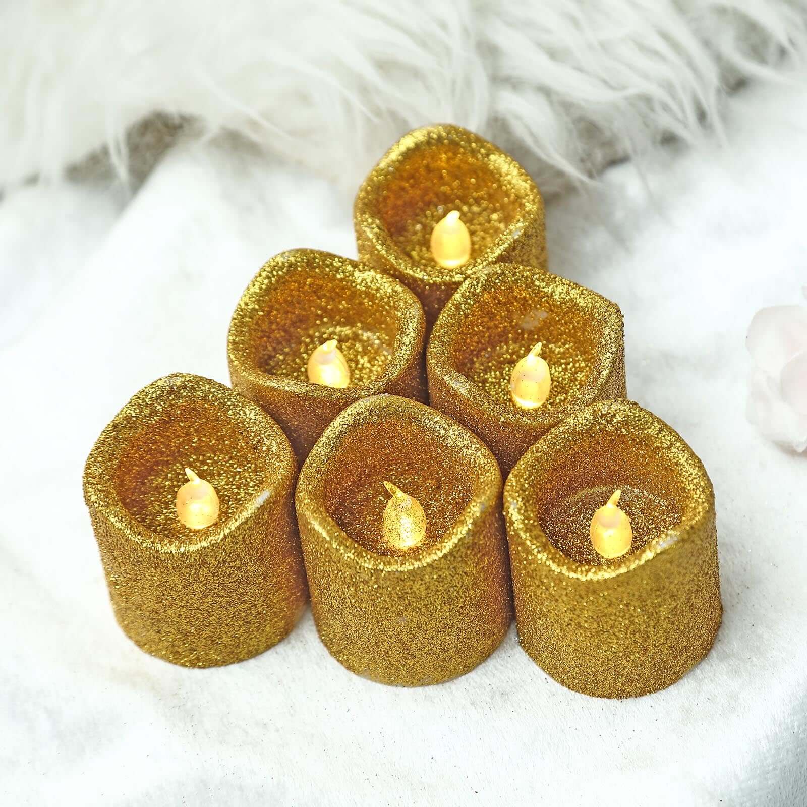 12-Pack LED Votive Candles Glittered Gold Design - Reusable Flameless Battery Operated Lights