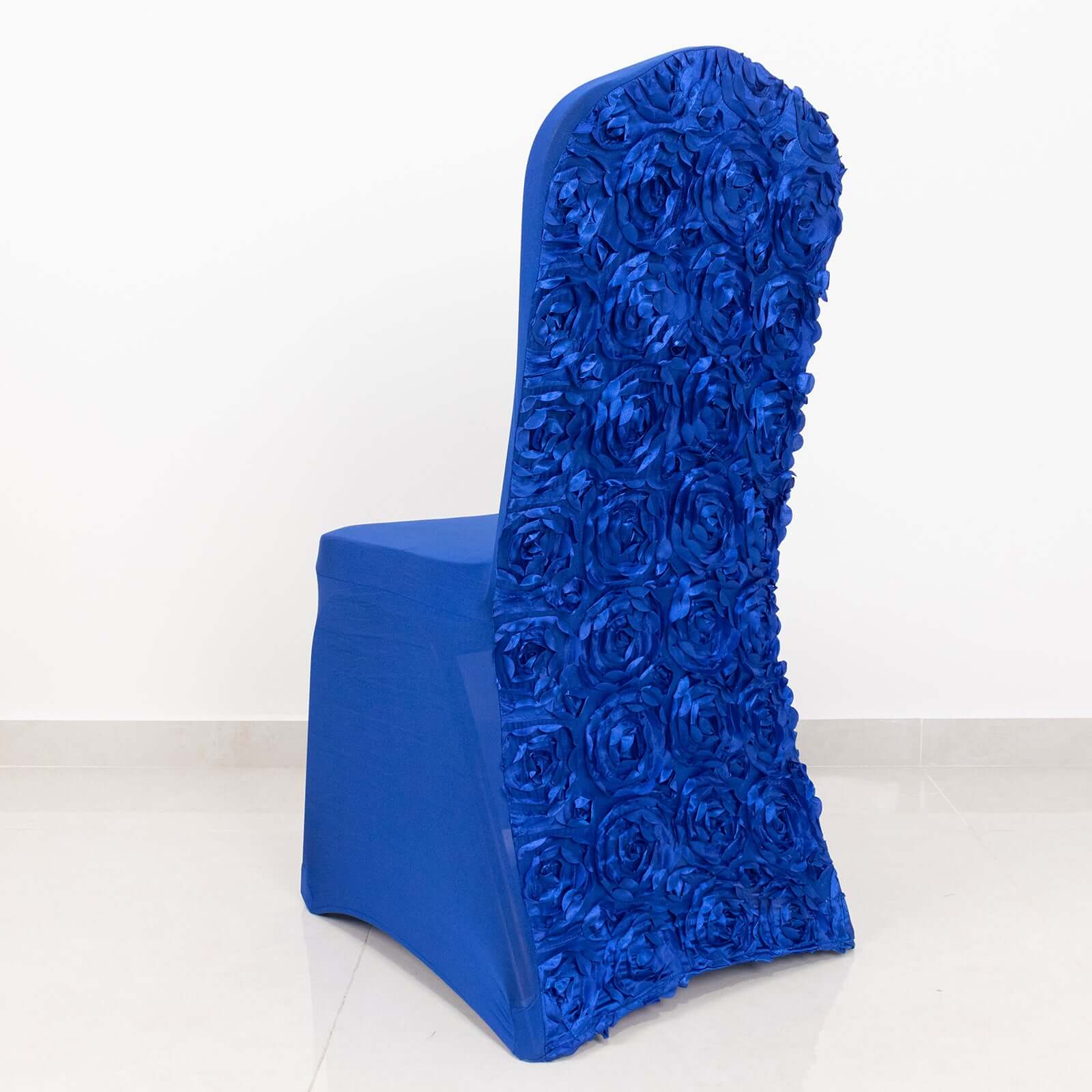 Satin Rosette Chair Cover for Banquet Chairs Royal Blue - Stretch Fitted Slip-On Slipcover