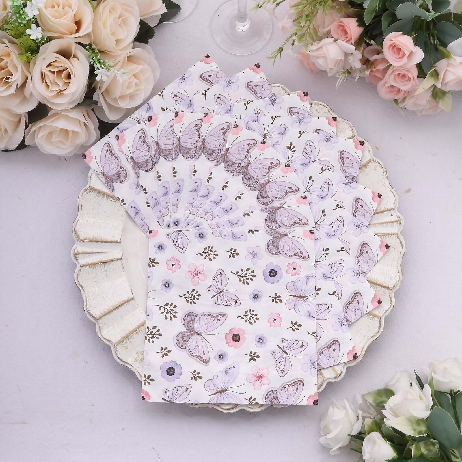 50-Pack Paper Beverage Napkins with Lavender Butterfly Floral Design Ivory - 2 Ply Soft 18GSM Garden Wedding Napkins 6.5"x6.5"