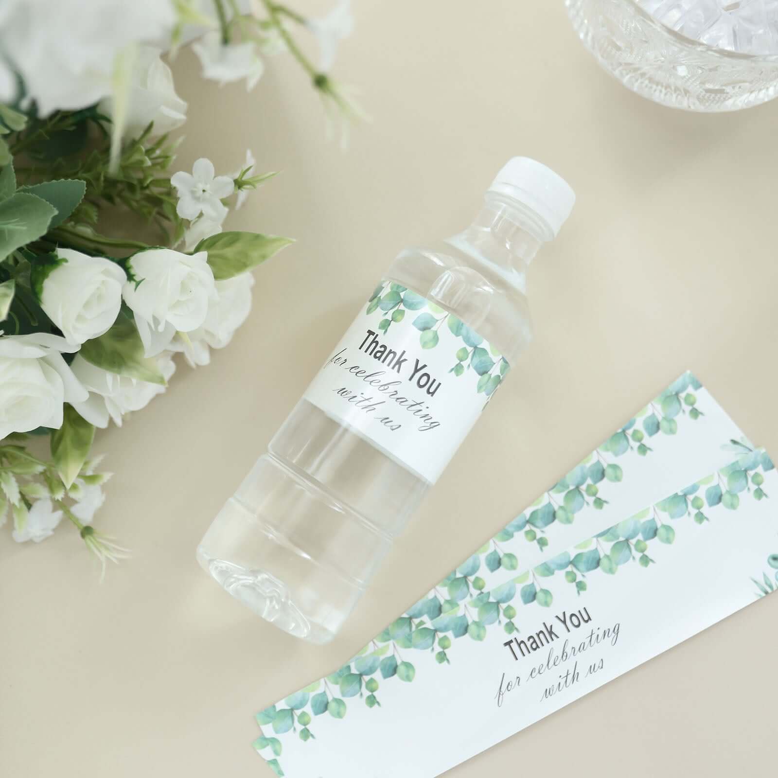 24 Pack White/Green Water Bottle Labels with Leaves Design "Thank You" Party Waterproof Bottle Stickers