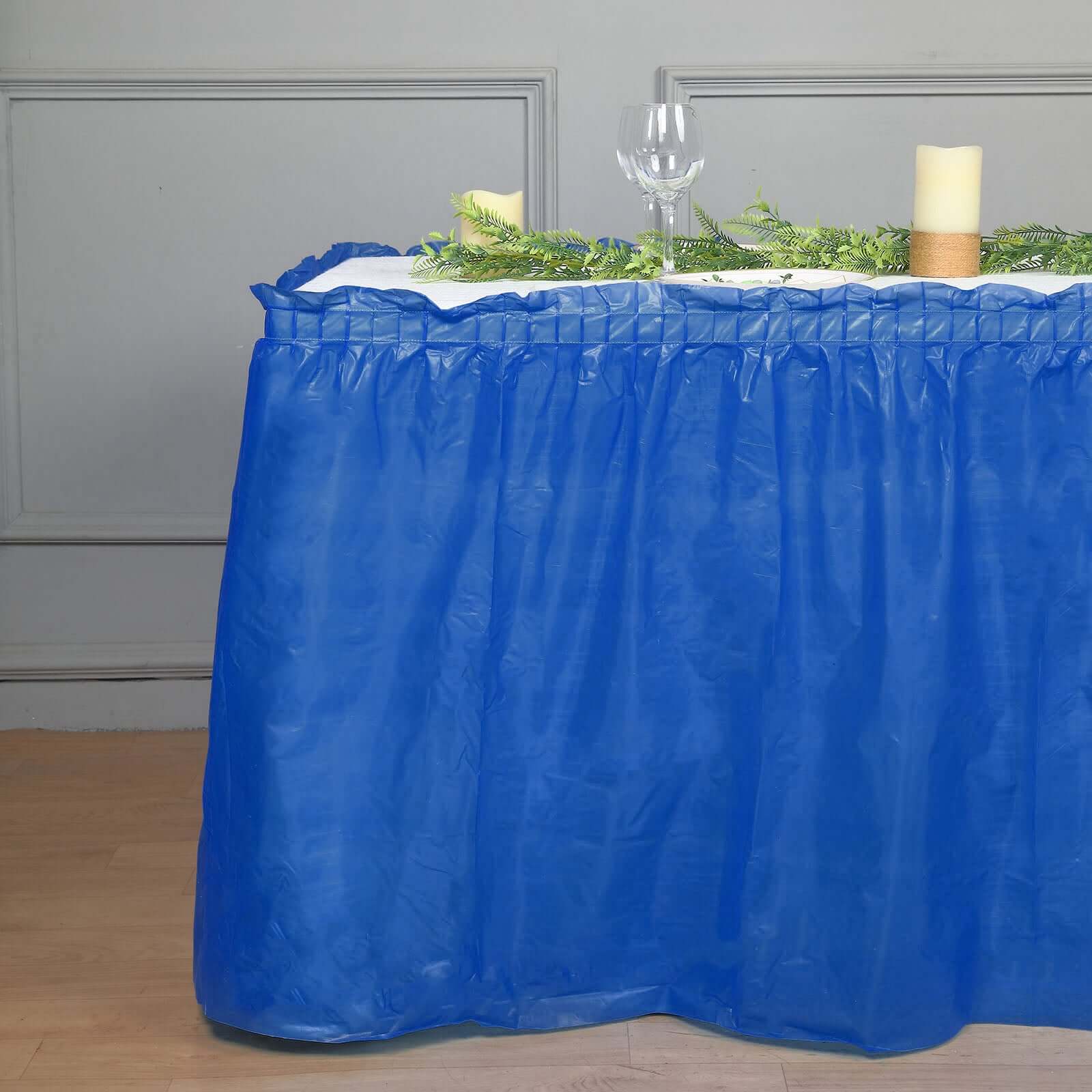 Plastic Table Skirt Royal Blue Ruffled - Durable Disposable Skirt for Events 14ft
