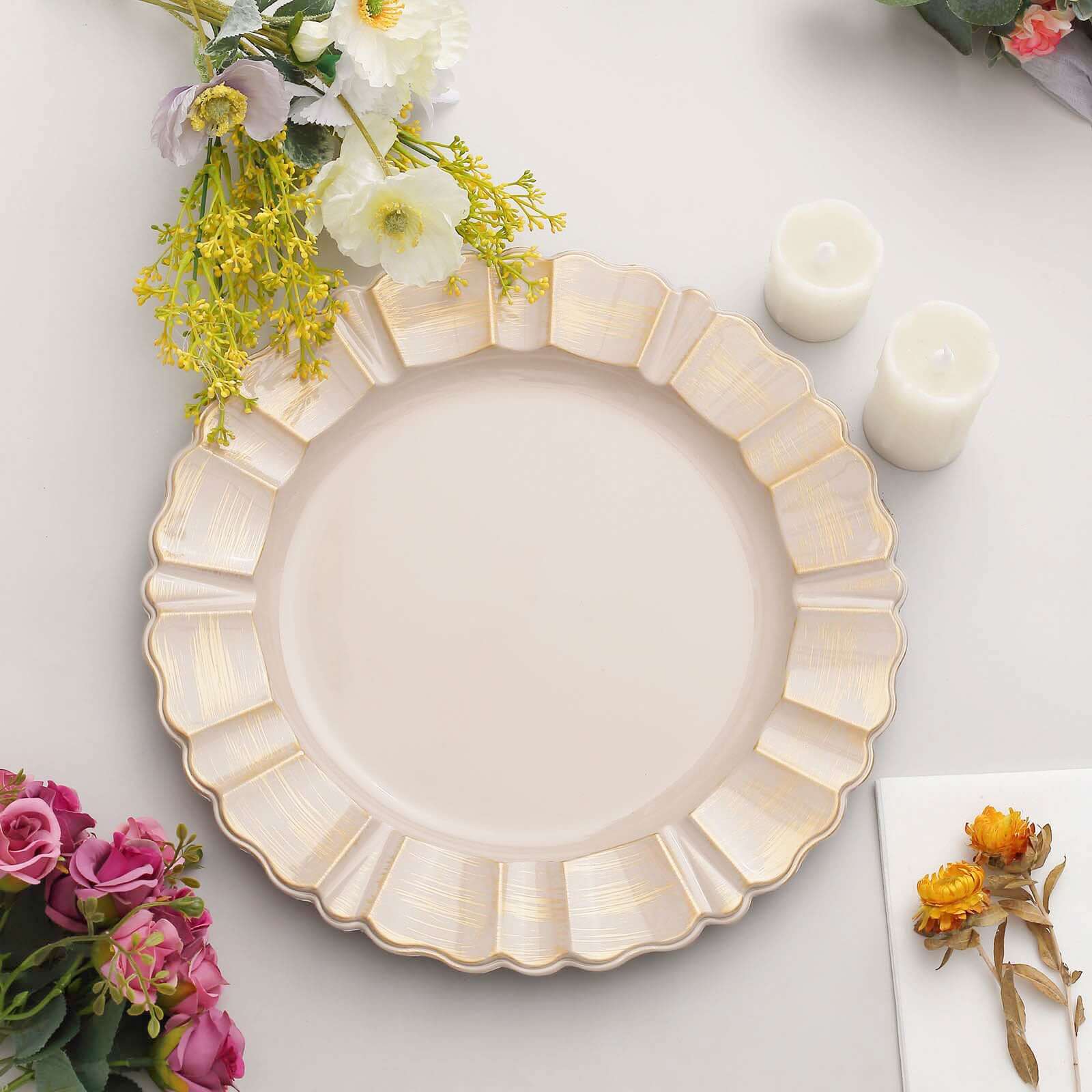 6-Pack Acrylic Plastic Round Charger Plates 13" in Nude Taupe with Gold Brushed Wavy Scalloped Rim, Decorative Dinner Party Charger Tableware