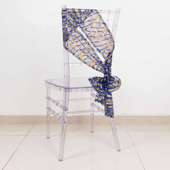 5 Pack Chair Sashes with Wave Embroidered Sequins Royal Blue/Gold 6"x88"