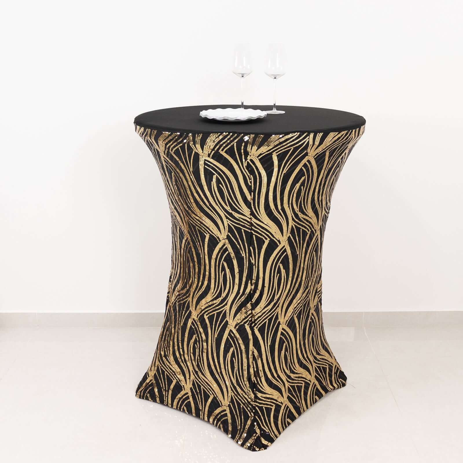 Spandex 32" Round Cocktail Table Cover Black/Gold with Wave Embroidered Sequins - Glamorous Design for Upscale Events