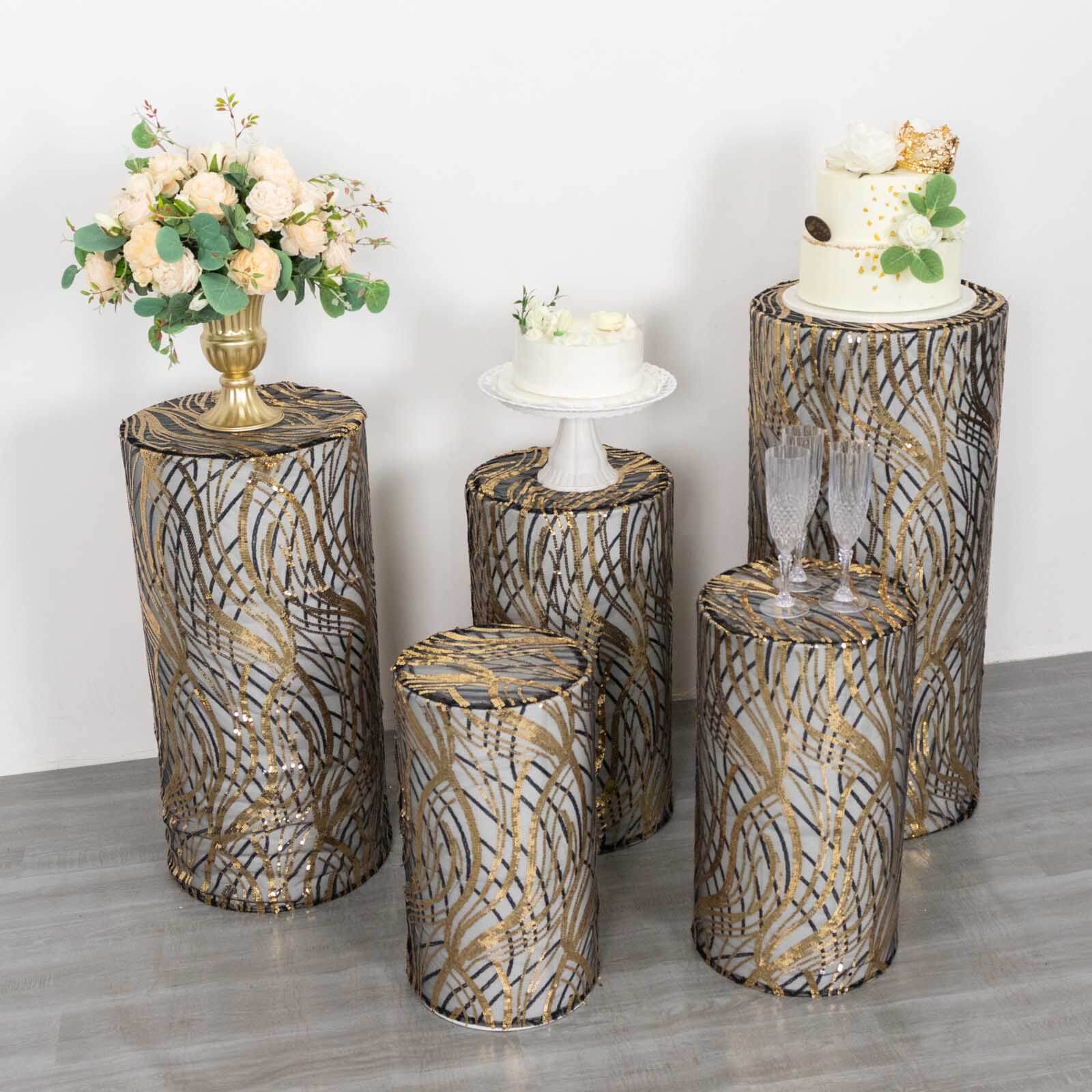 Set of 5 Black Wave Mesh Cylinder Pedestal Stand Covers with Embroidered Sequins, Pillar Prop Covers - 160 GSM