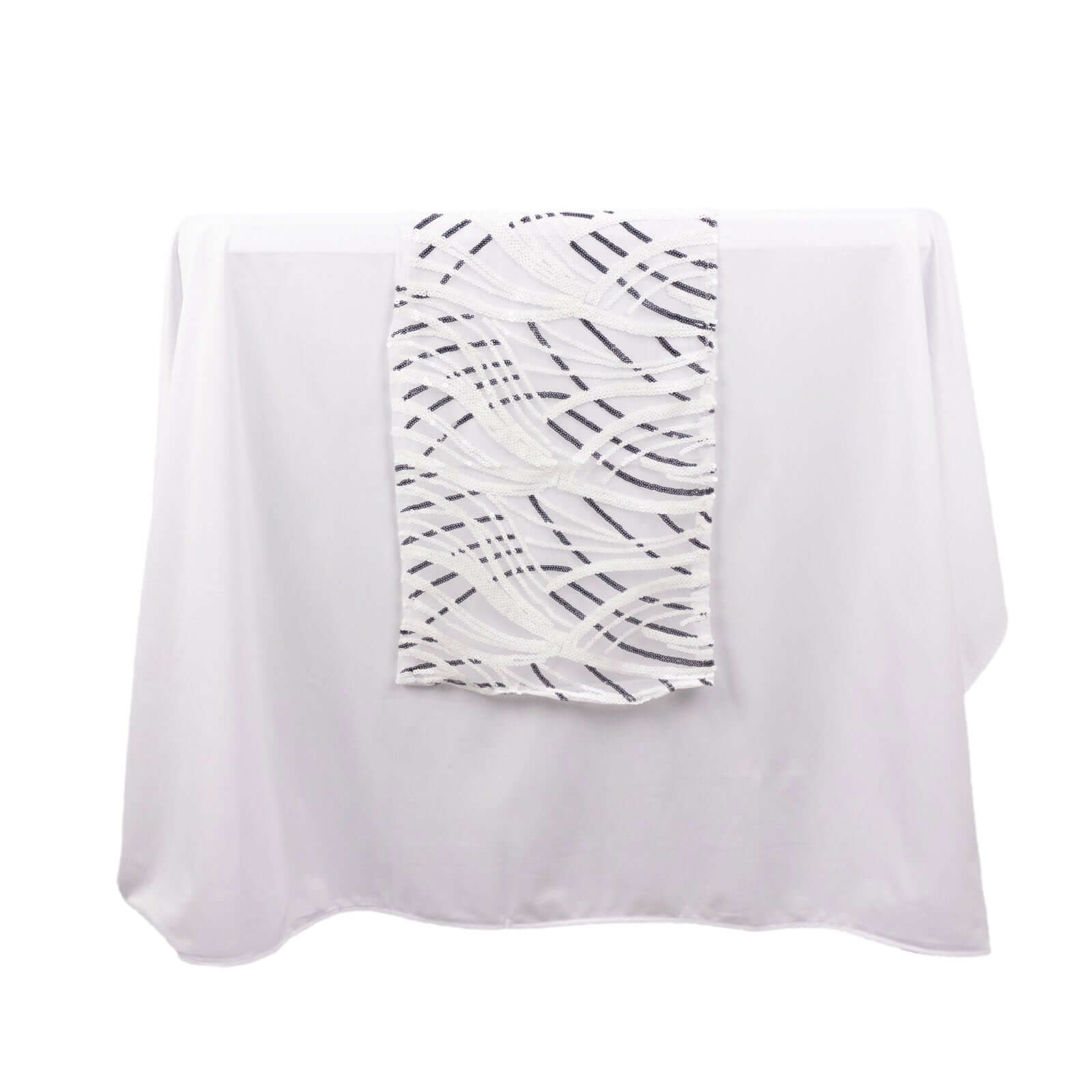Sequin Mesh 12"x108" Table Runner White Black Stylish Wave Embroidery