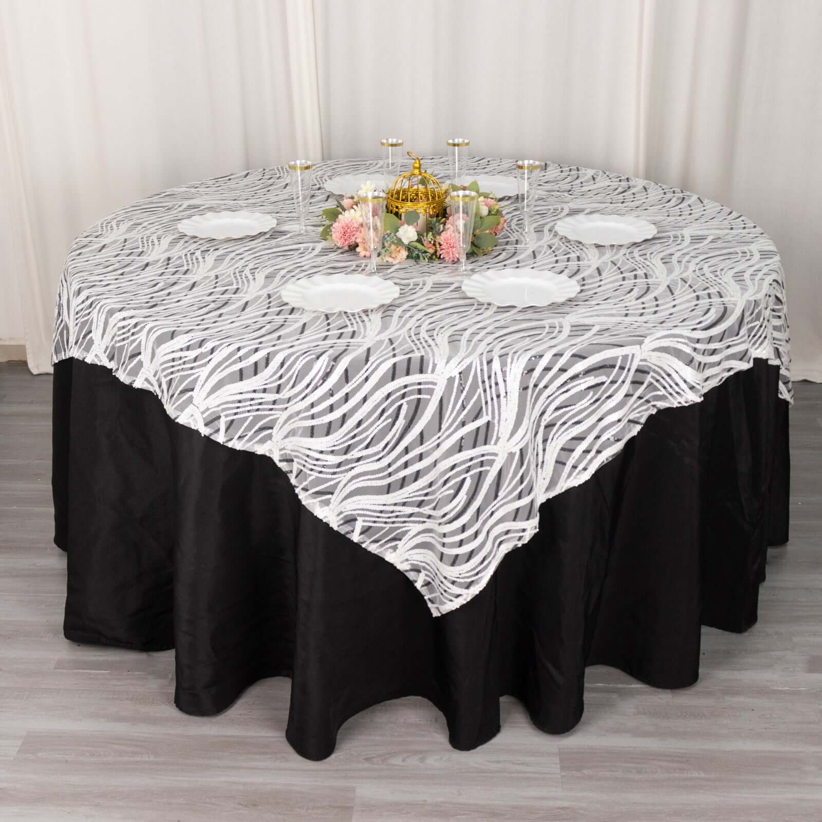 Mesh 72"x72" Table Overlay Square Tablecloth White Black - Wave Embroidered Sequins Table Topper