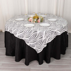 Mesh 72"x72" Table Overlay Square Tablecloth White Black - Wave Embroidered Sequins Table Topper