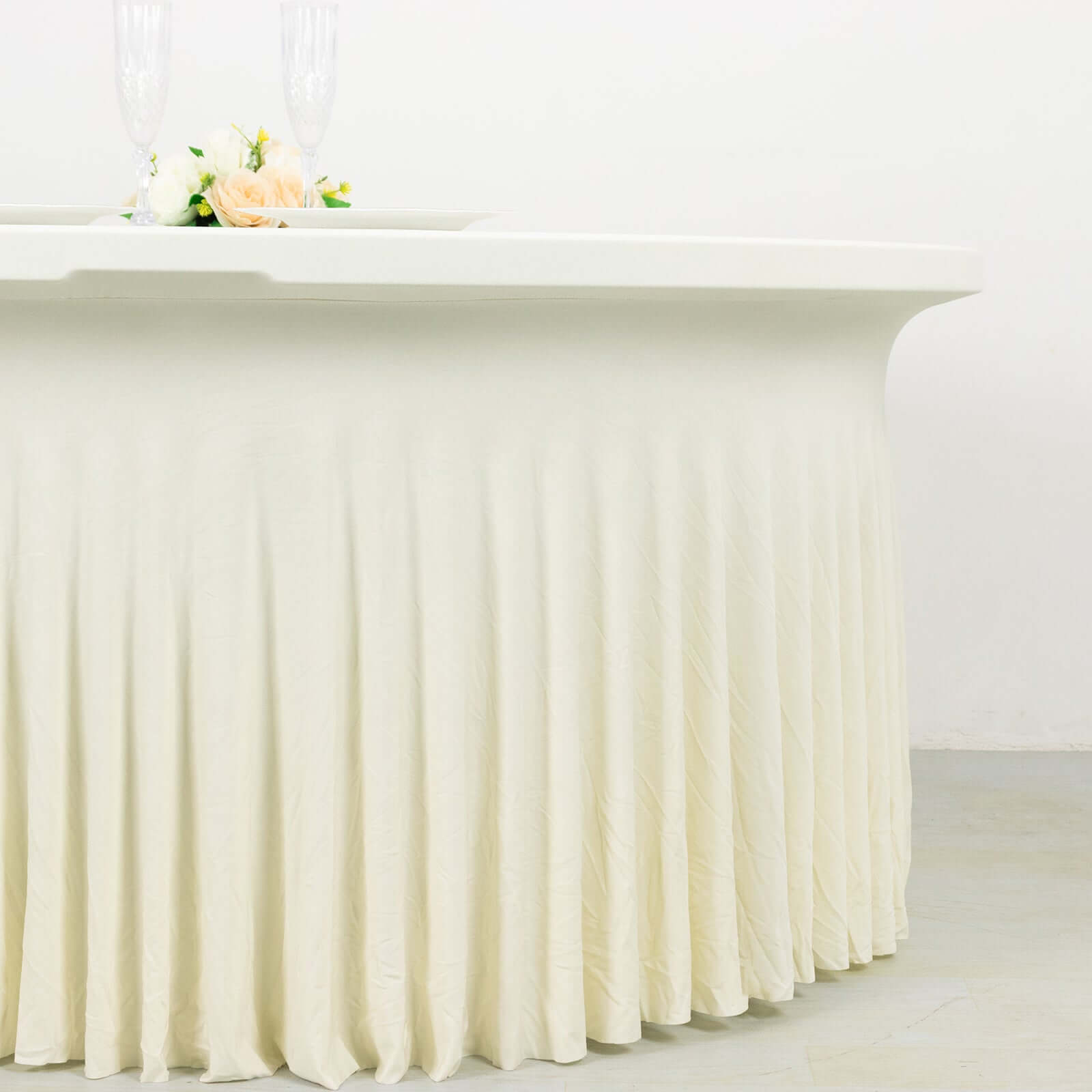 Spandex Round 5ft Table Skirt Ivory with Wavy Skirt-Like Effect Stylish Table Cover