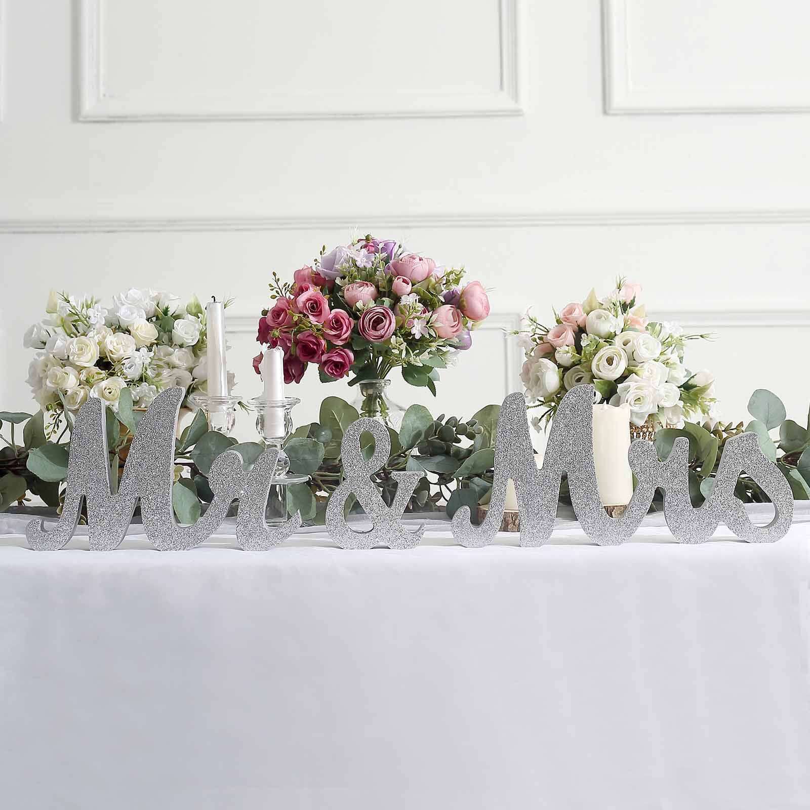 Wooden "Mr & Mrs" Freestanding Letters Silver Glittered - Rustic Glam Wedding Table Display Signs