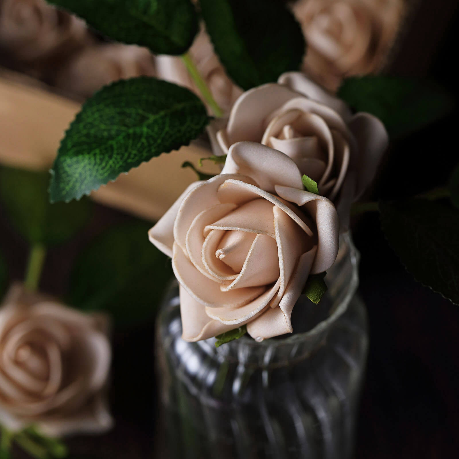 24 Roses 2" Champagne Artificial Foam Flowers With Stem Wire and Leaves