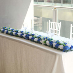 6 Pack White Royal Blue Silk Rose Flower Panel Table Runner, Artificial Floral Arrangements Wedding Table Centerpiece - 20"x8"