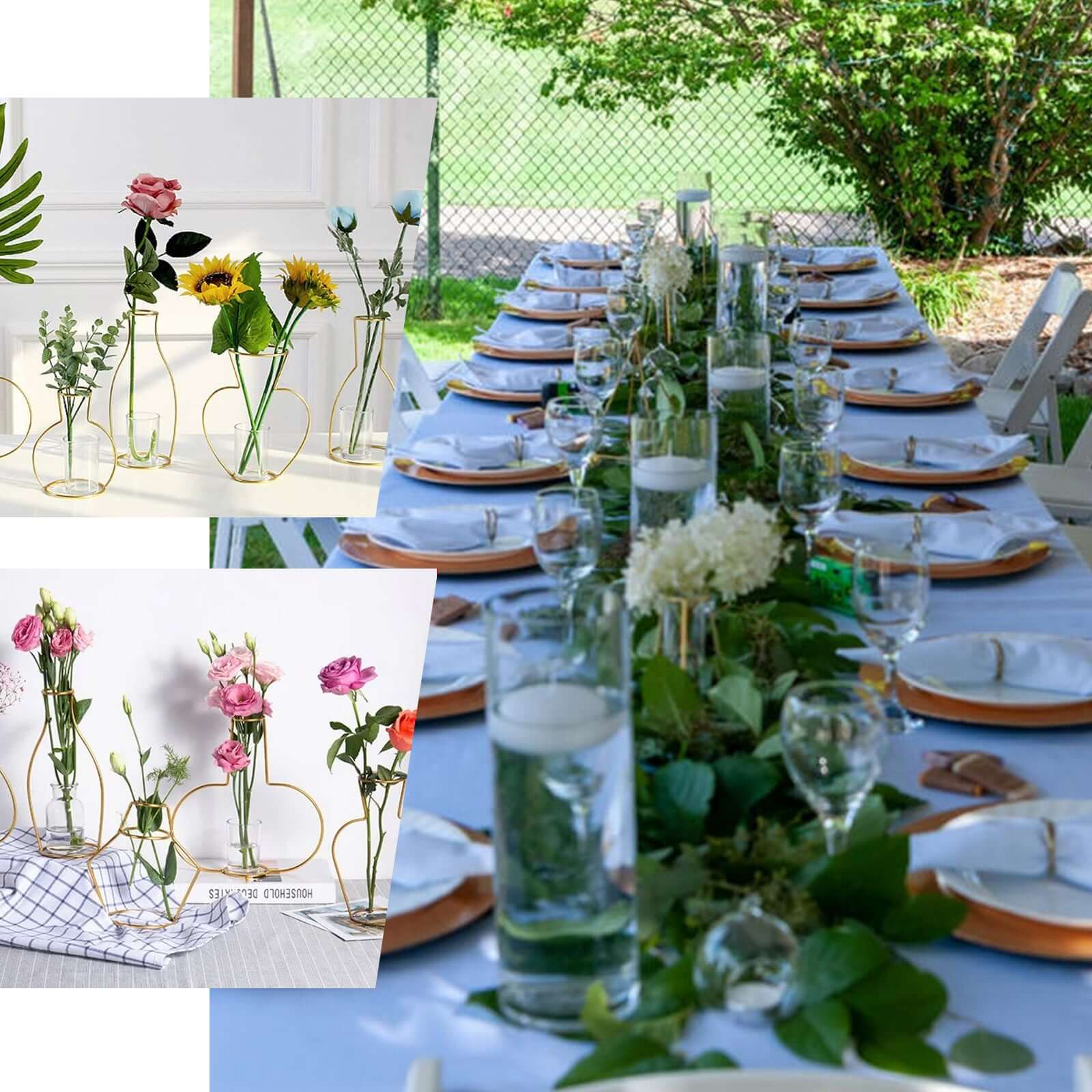 Set of 2 Wedding Centerpieces Gold Metal Frame Bottle Shaped Design - Geometric Glass Bud Vases 8",10"