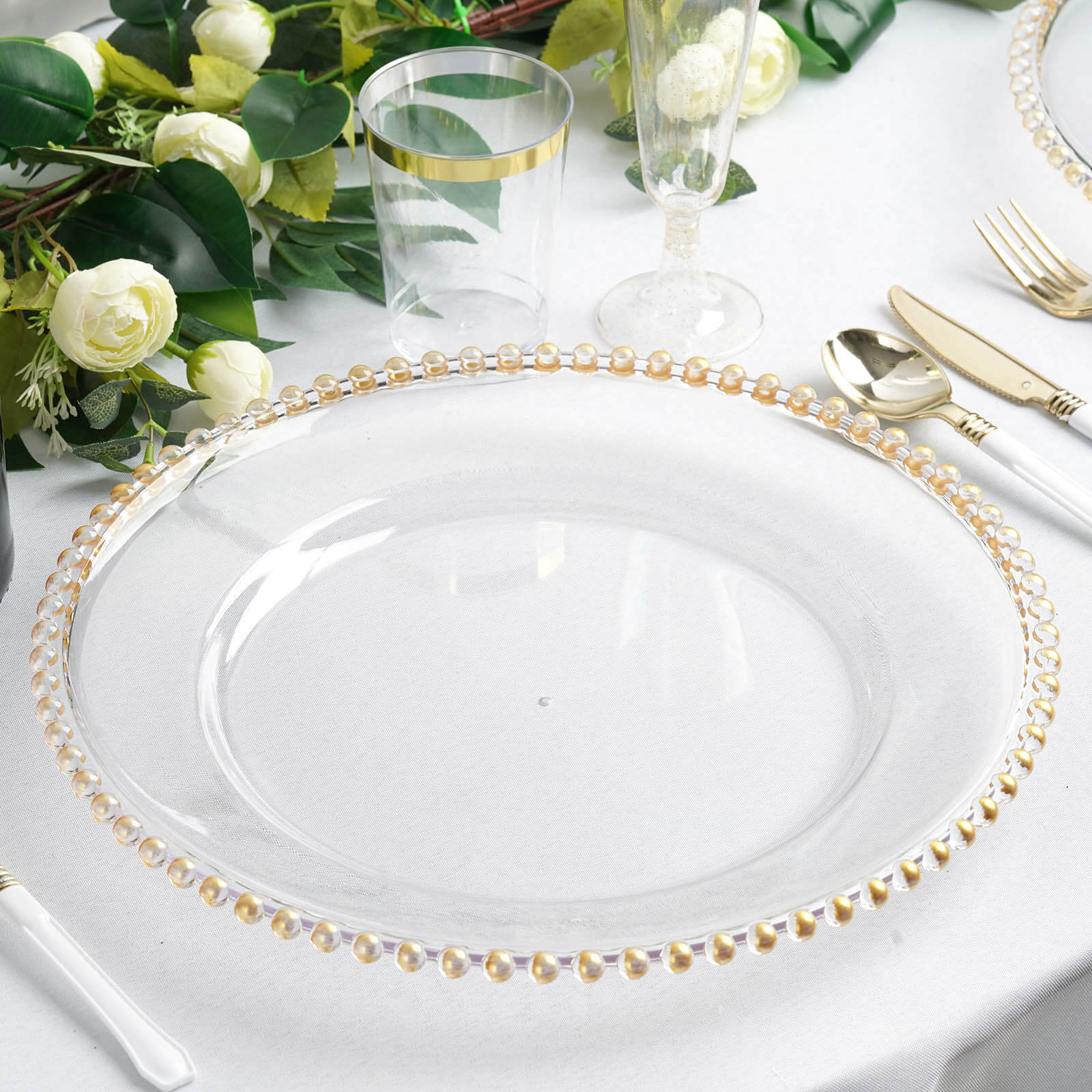 6-Pack Acrylic Round Charger Plates 13" in Clear with Gold Beaded Rim, Decorative Dinner Party Serving Plates