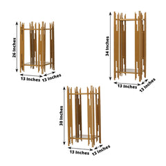 Set of 3 Wedding Pedestal Stands Square Acrylic Plate Design Gold - Metal Flower Display Plinths 26",30",34"