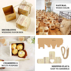 25 Pack 2.5" Rustic Wood Pattern Natural Brown Paper Candy Gift Boxes, Square Party Favor Boxes with Burlap Jute Twine and Love Heart Cut Out