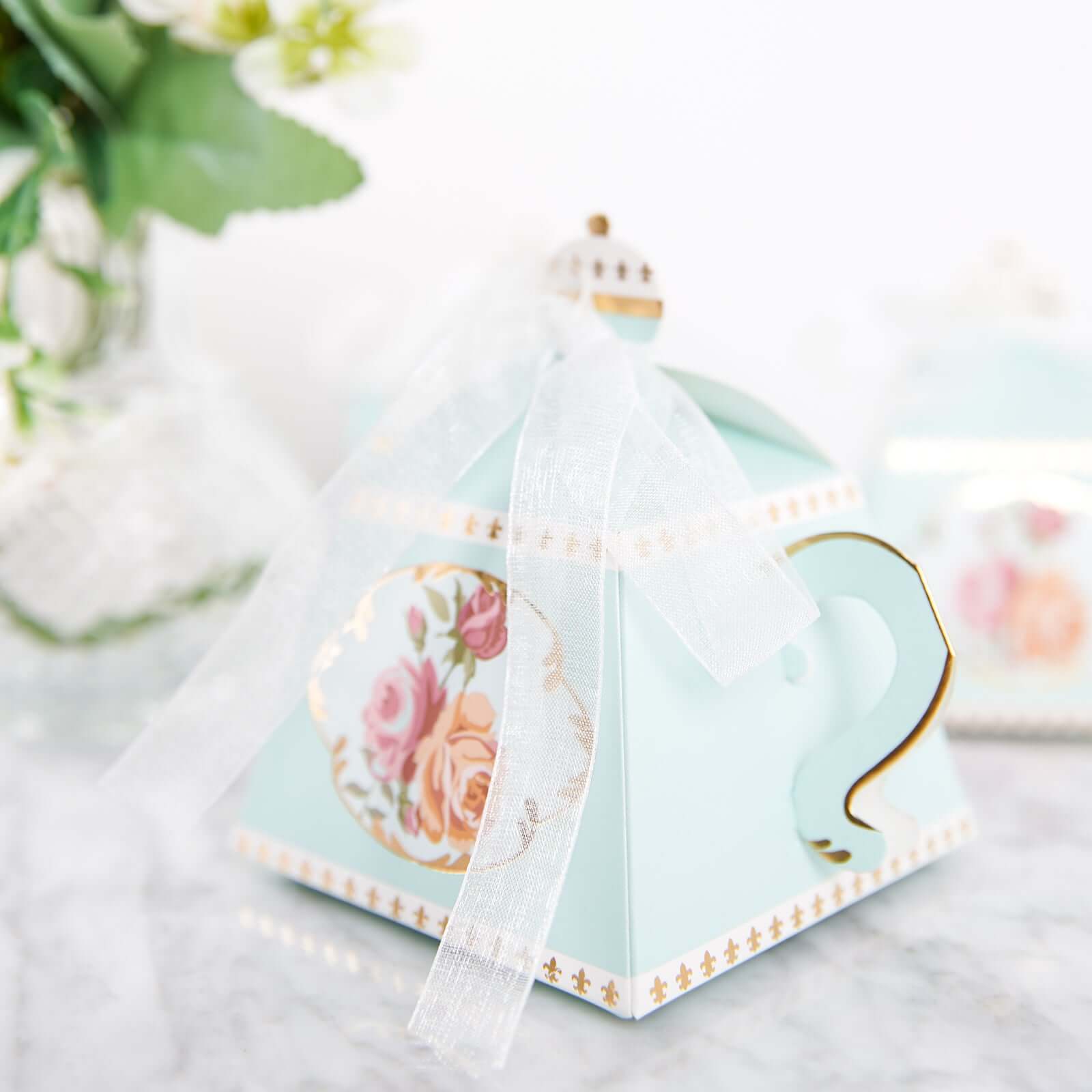 25 Pack 4" Light Turquoise Mini Teapot Favor Boxes, Vintage Rose Gift Boxes with Ribbons