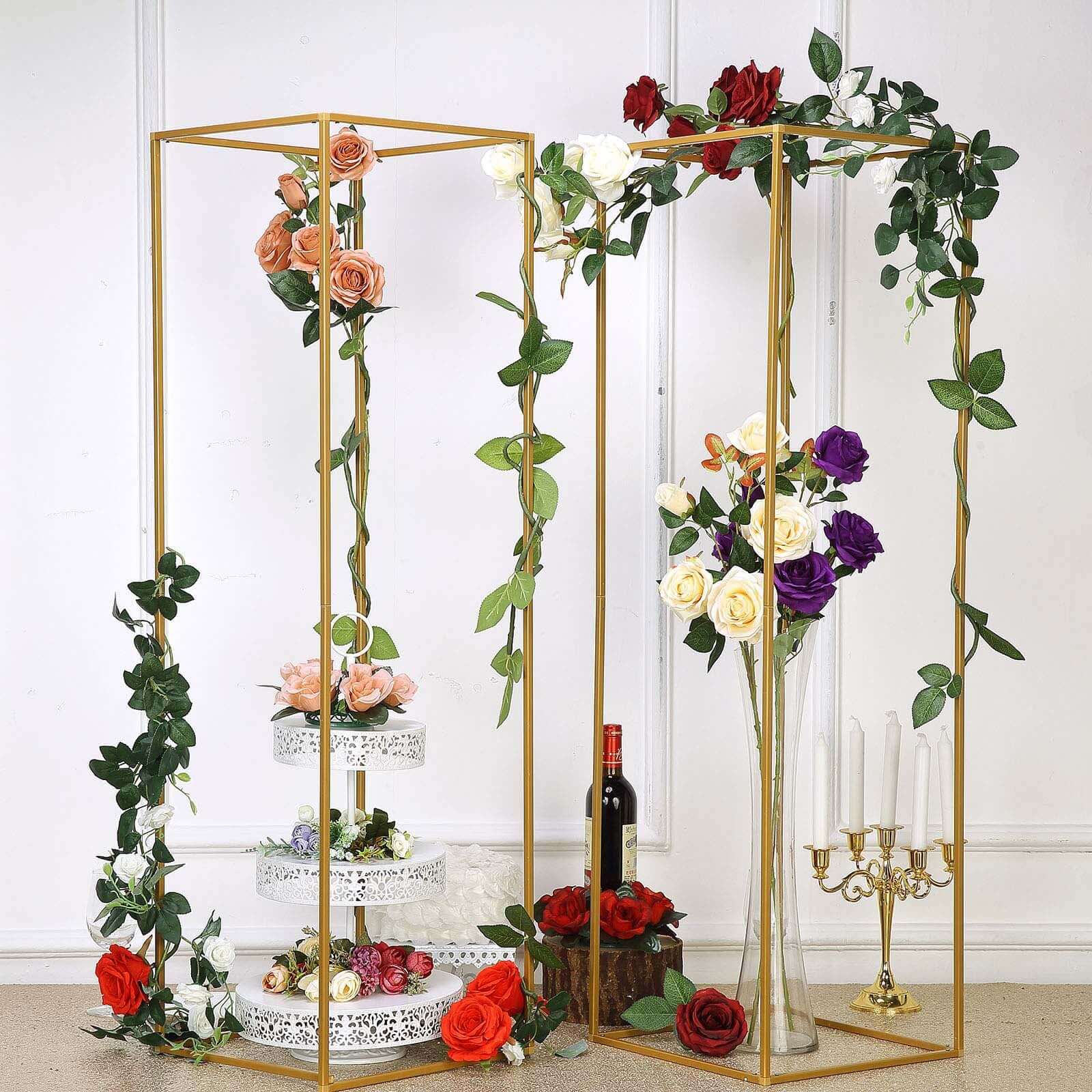 2-Pack Wedding Flower Stand Gold Metal Geometric Column Frame Rectangular - Versatile Floral Pedestal for Upscale Arrangements 48"
