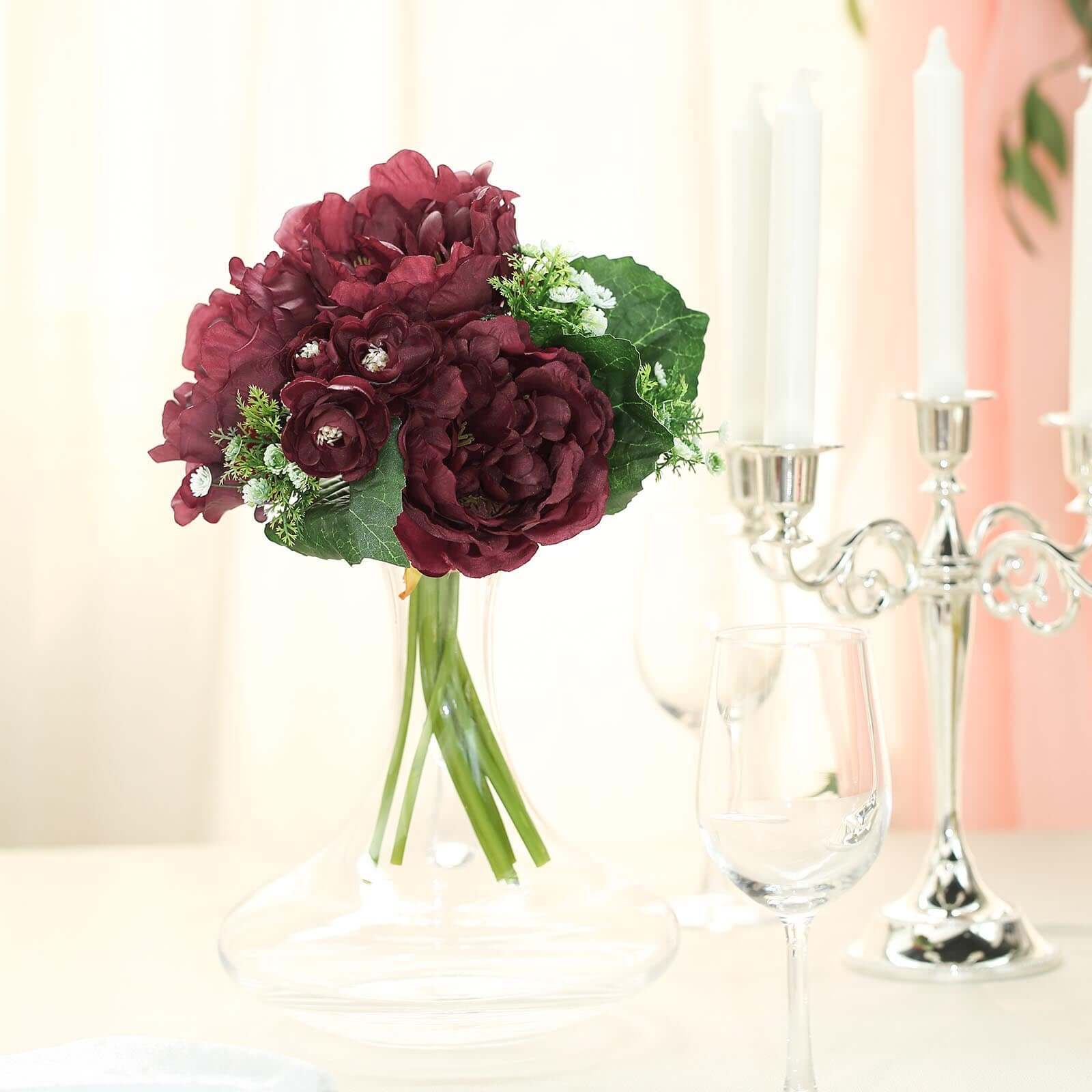 12" Burgundy Artificial Silk Peonies Bouquet, Faux Peony Spray Bush