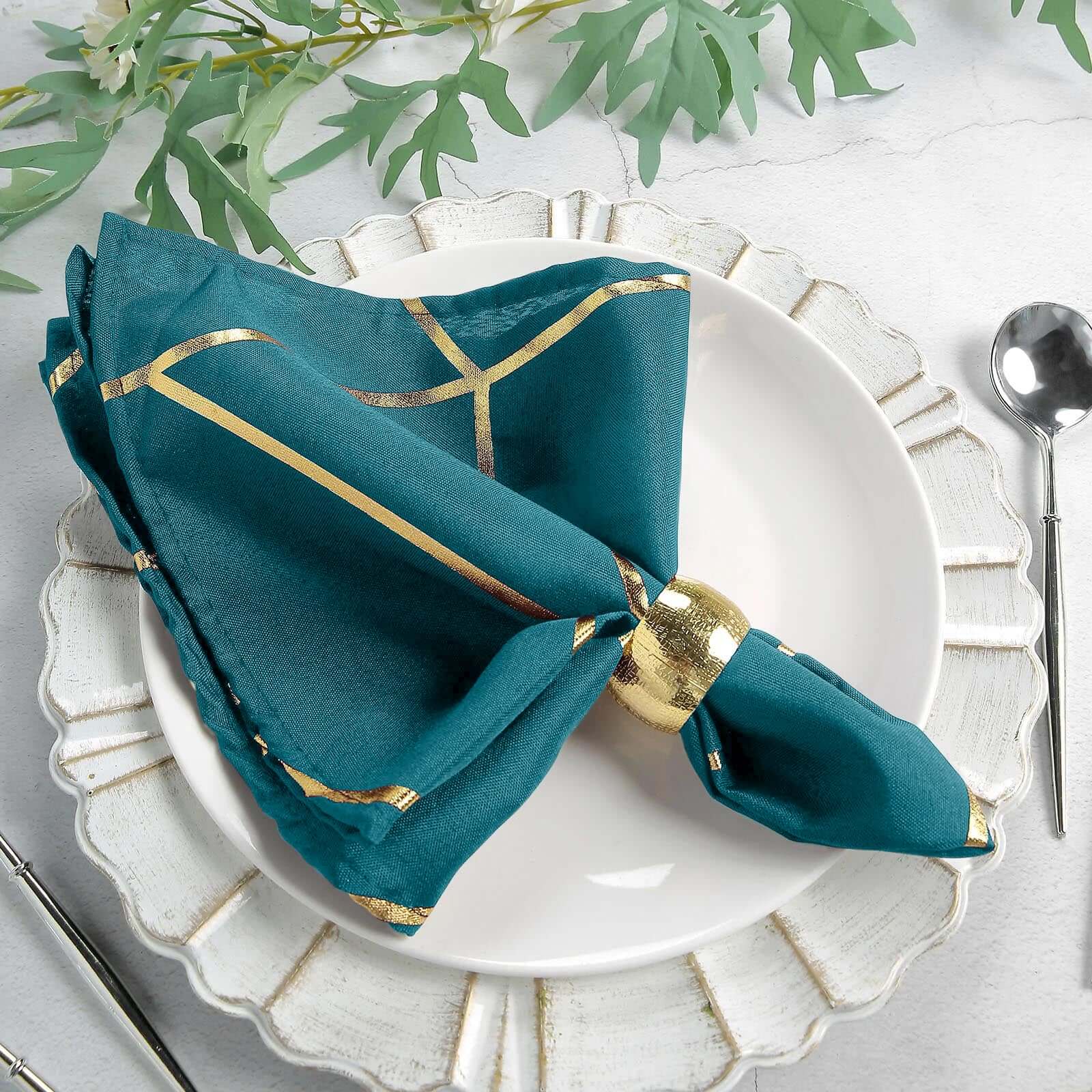 5 Pack Polyester 20"x20" Napkins Peacock Teal with Gold Geometric Foil Pattern - Modern Reusable Dinner Napkins