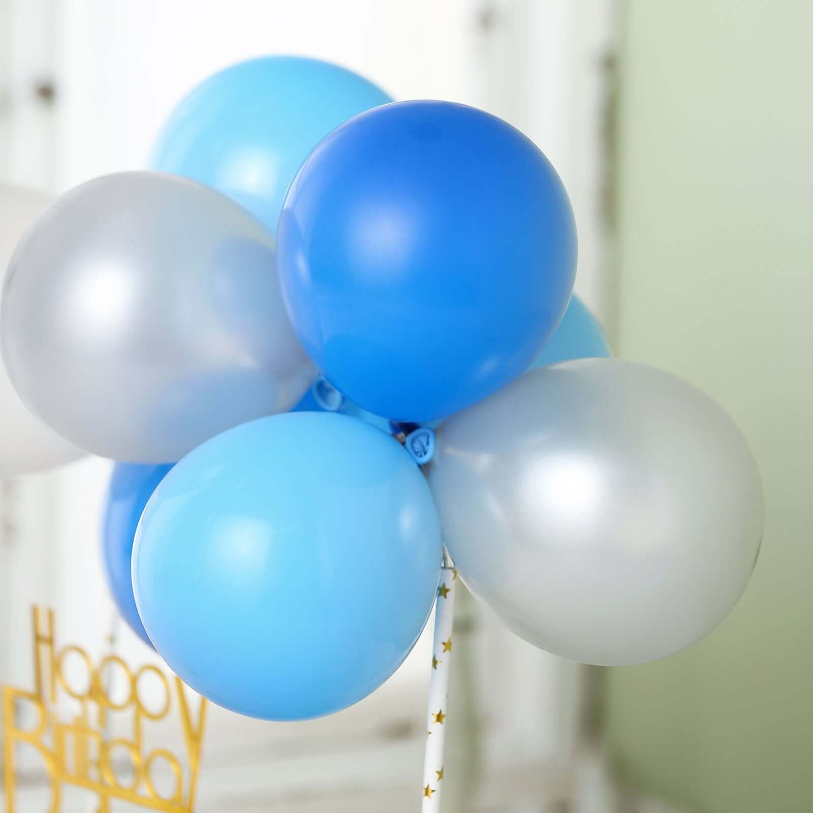 11 Pcs Balloon Cake Topper Light Blue, Royal Blue and Silver - Whimsical Clustered Mini Garland Cake Inserts DIY Party Decorations