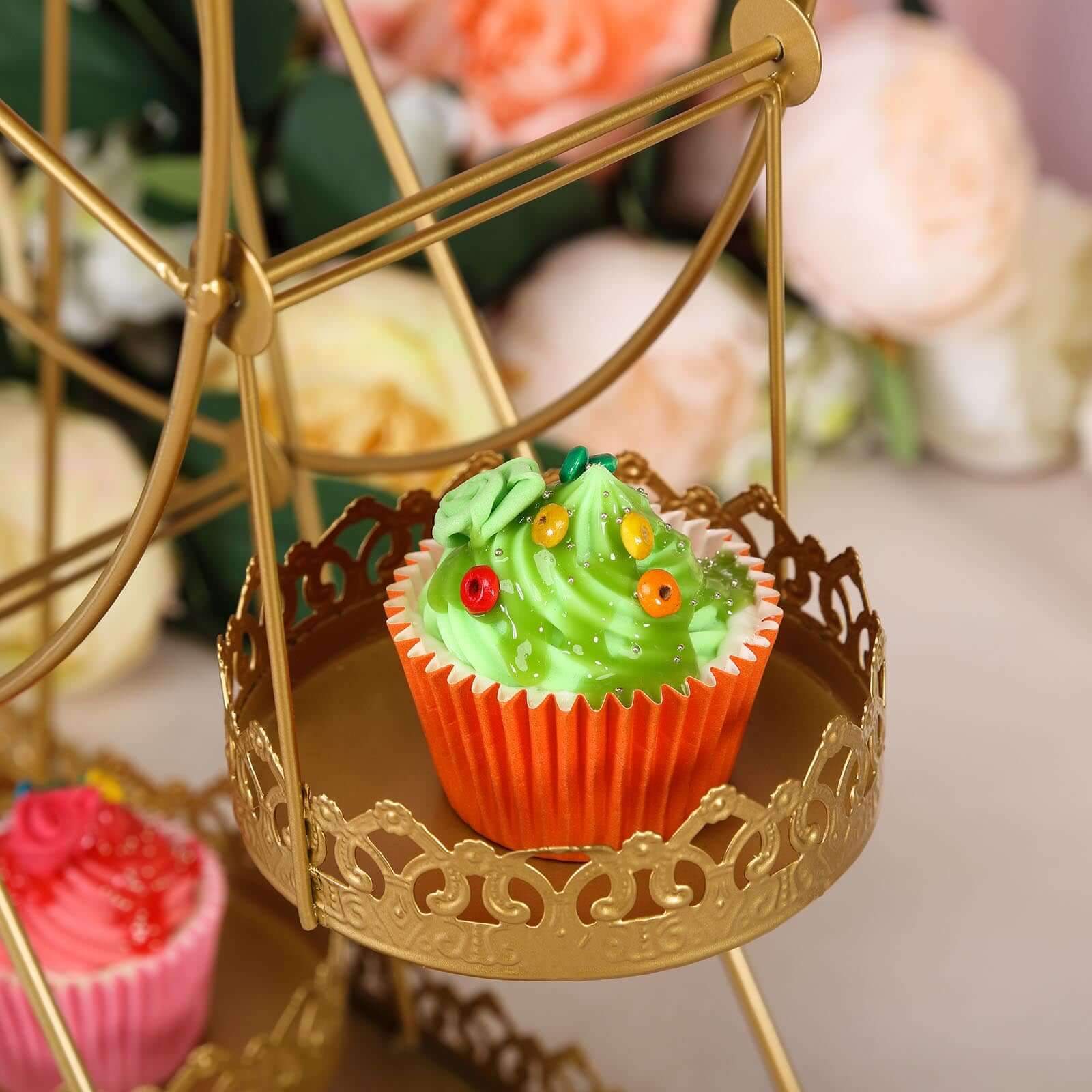 Metal Ferris Wheel Cupcake Holder Gold - Large Decorative Rotating Dessert Display Stand for Carnival-Themed Events Baby Showers & Weddings 23"