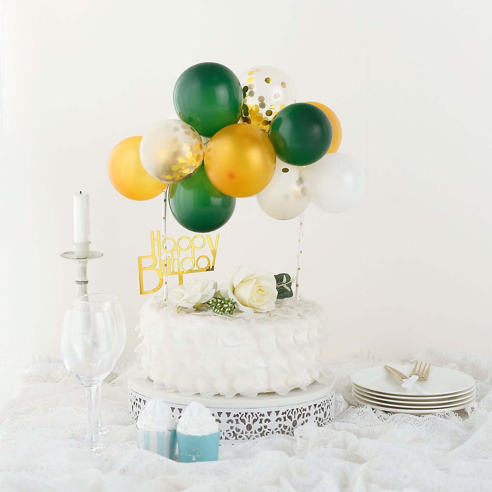 11 Pcs Balloon Cake Topper Clear, Gold, Hunter Green and White - Whimsical Clustered Mini Garland Cake Inserts DIY Party Decorations