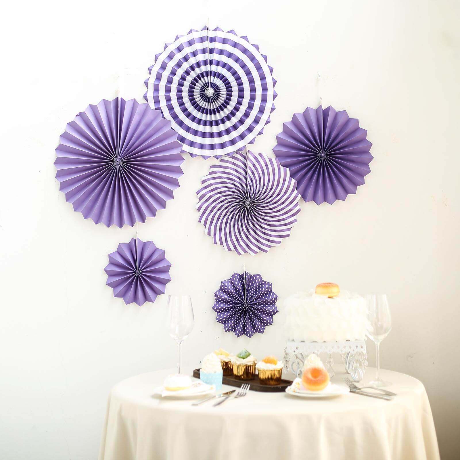 Set of 6 Purple Hanging Paper Fan Decorations, Pinwheel Wall Backdrop Party Kit - 8", 12", 16"