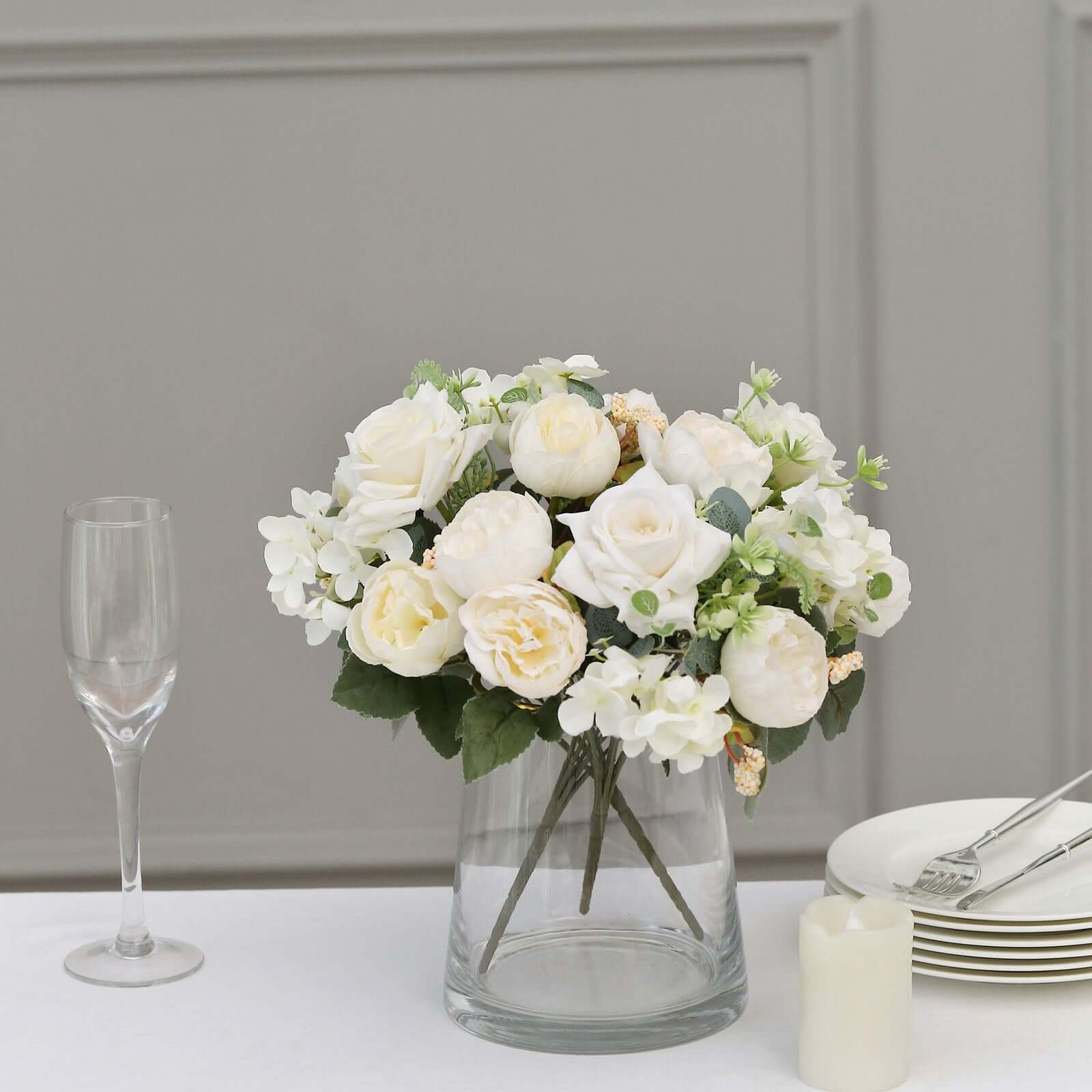 2 Pack Artificial Rose & Peony Floral Arrangements – 12" Ivory Silk Bouquets for Weddings & Home Décor