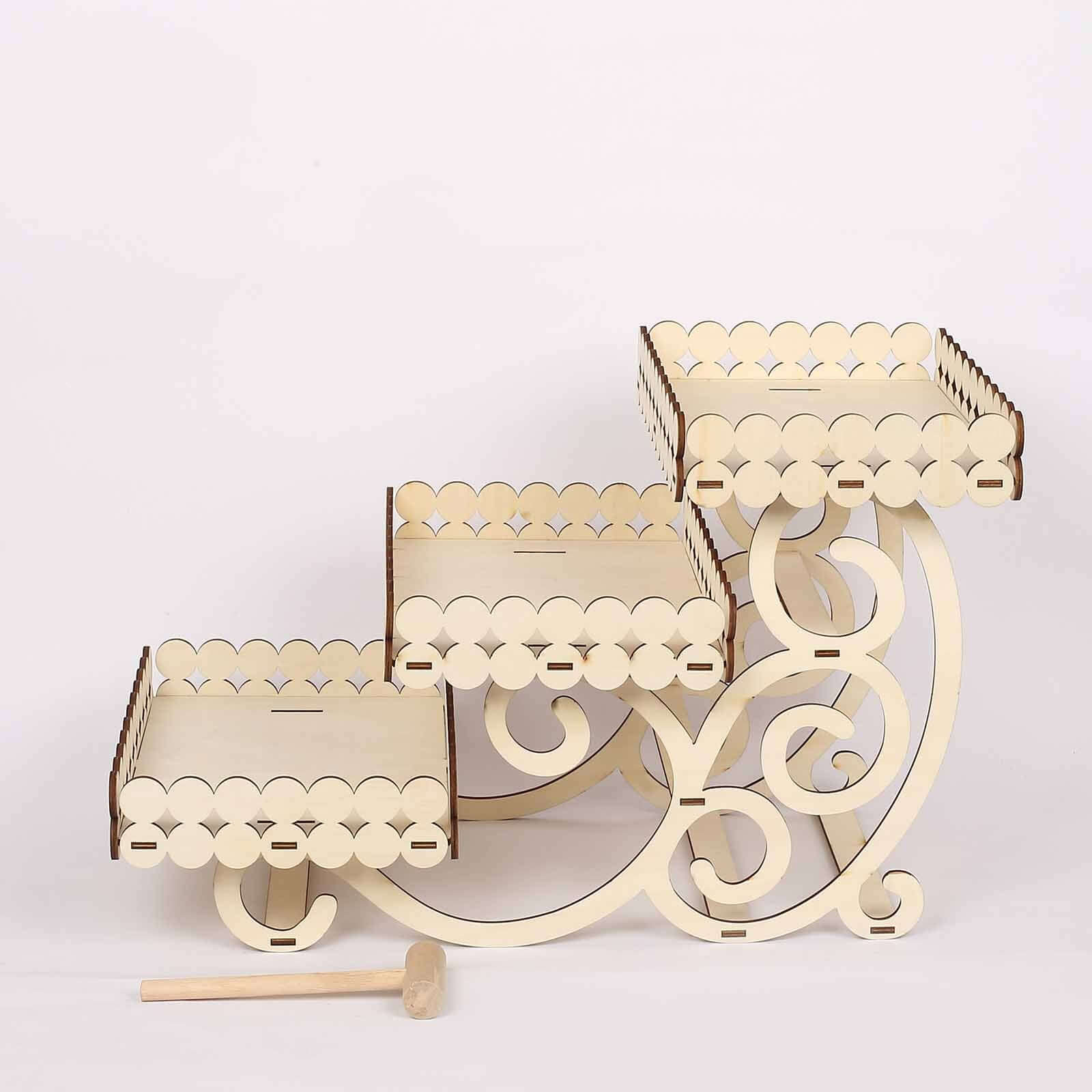 3-Tier Wooden Dessert Display Rectangular Laser Cutout Design Natural - Serving Platter Cupcake Mini Cake Tray 22"