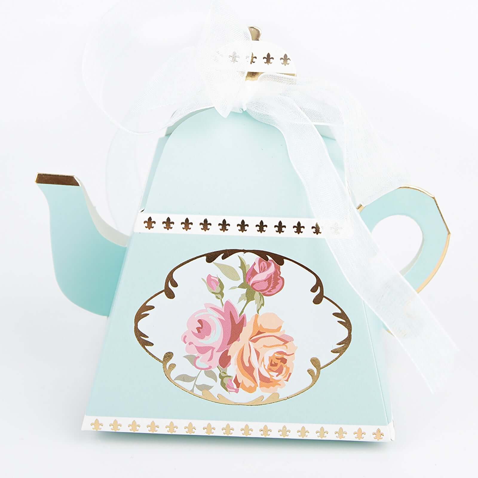 25 Pack 4" Light Turquoise Mini Teapot Favor Boxes, Vintage Rose Gift Boxes with Ribbons