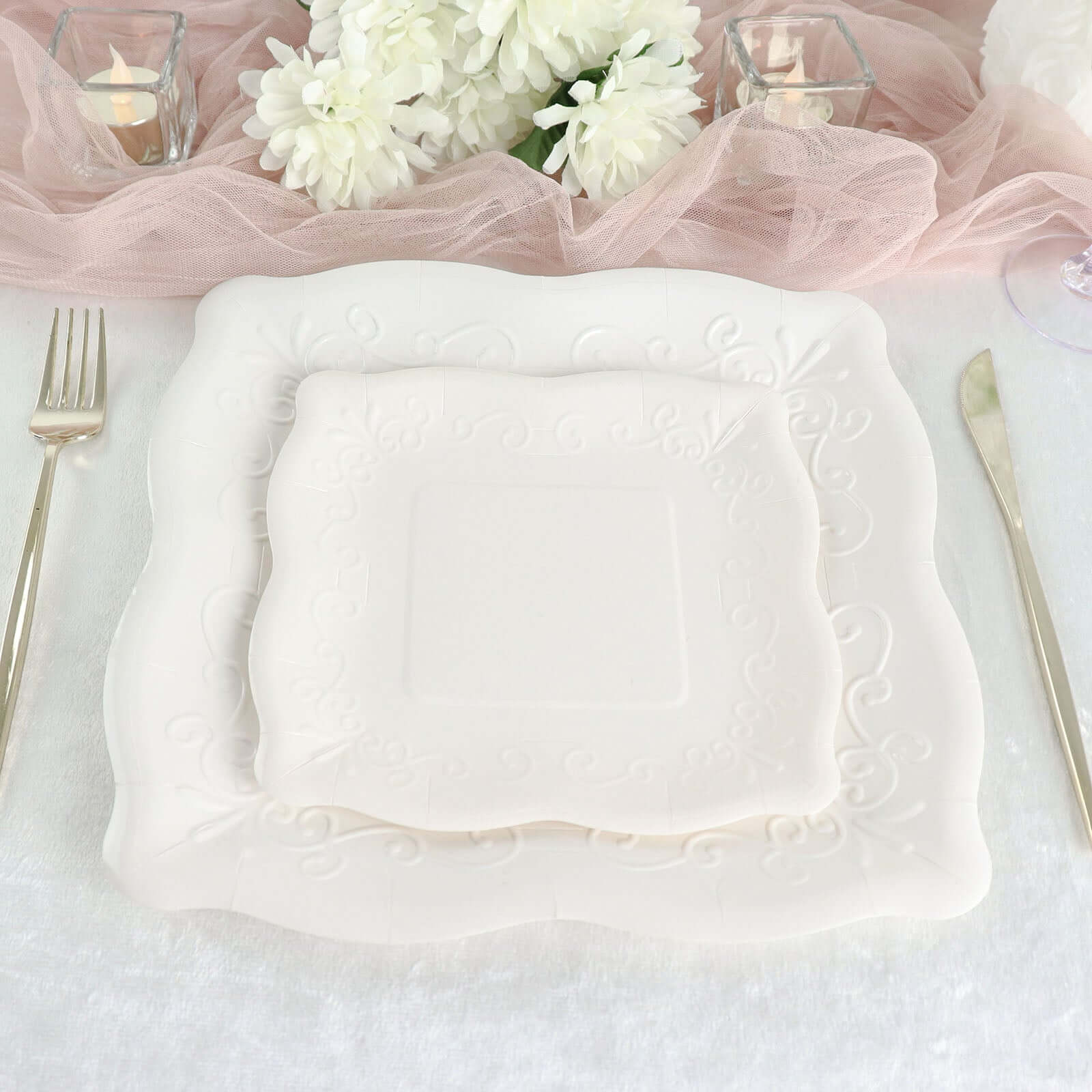 25-Pack Paper 7" Square Dessert Plates in White with Vintage Pottery Embossed Design - Shiny Disposable Appetizer Plates