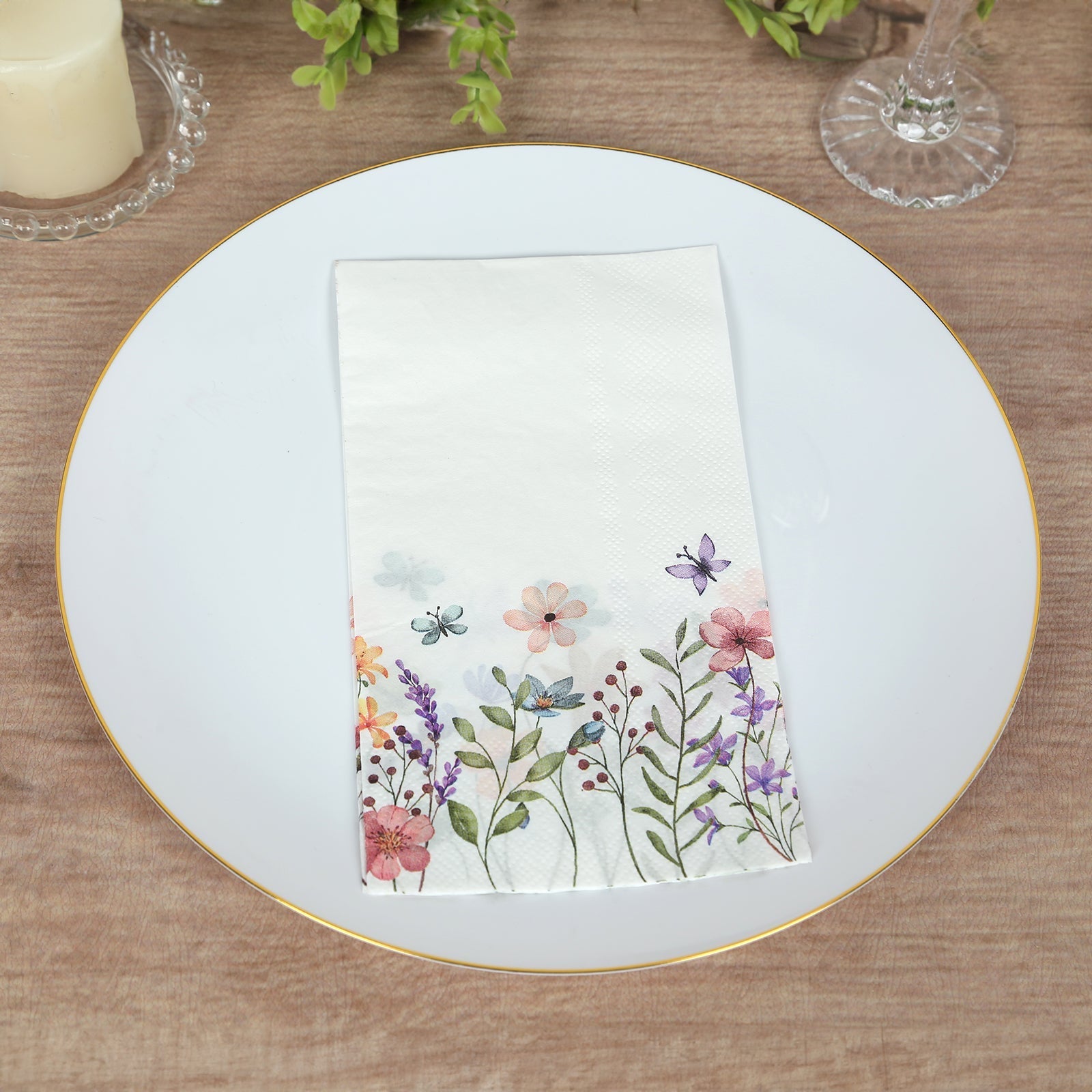 50-Pack Paper Dinner Napkins Wildflower Butterfly Design 2 Ply - Soft Disposable Napkins for Parties 8"x4"
