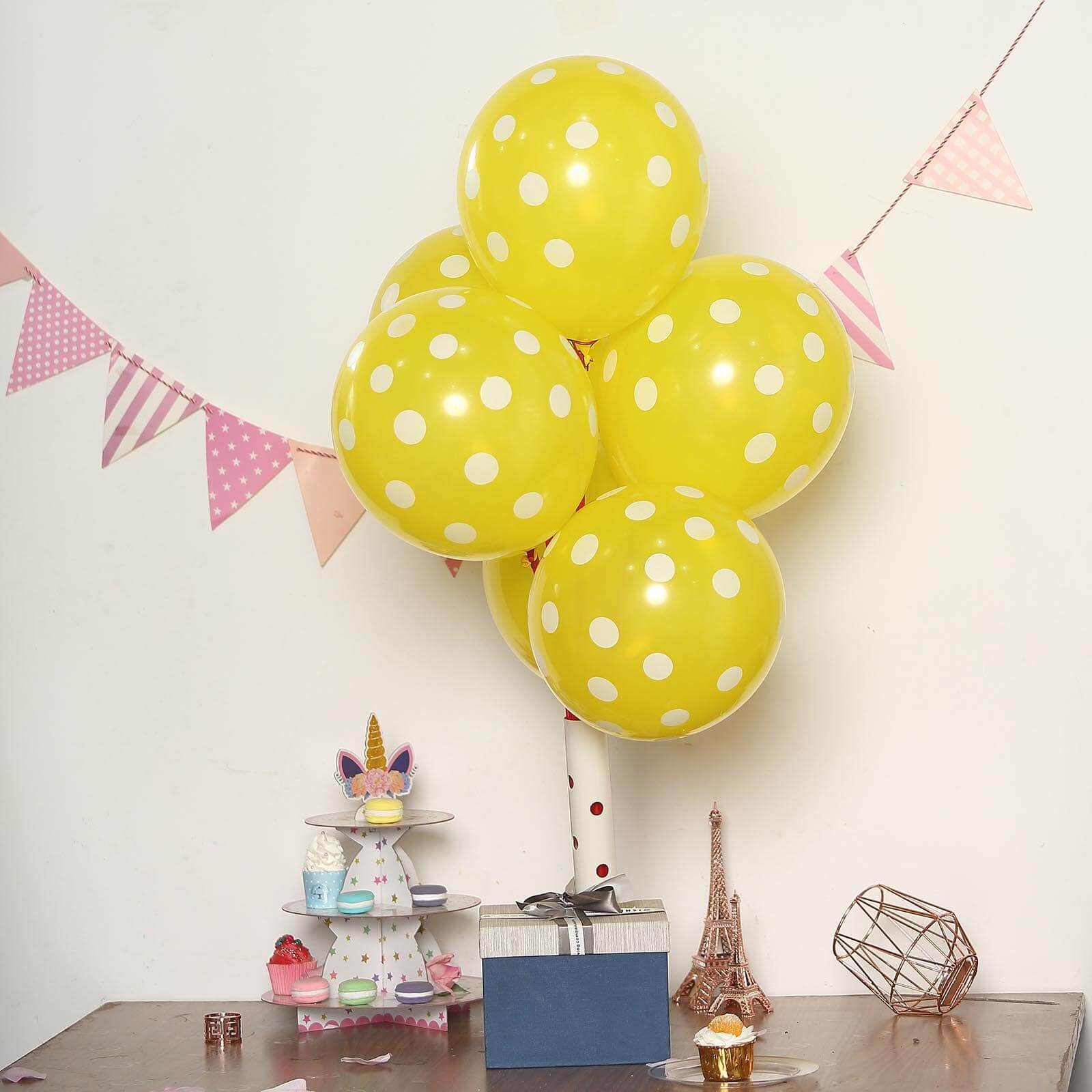 25 Pack 12" Yellow and White Fun Polka Dot Latex Party Balloons