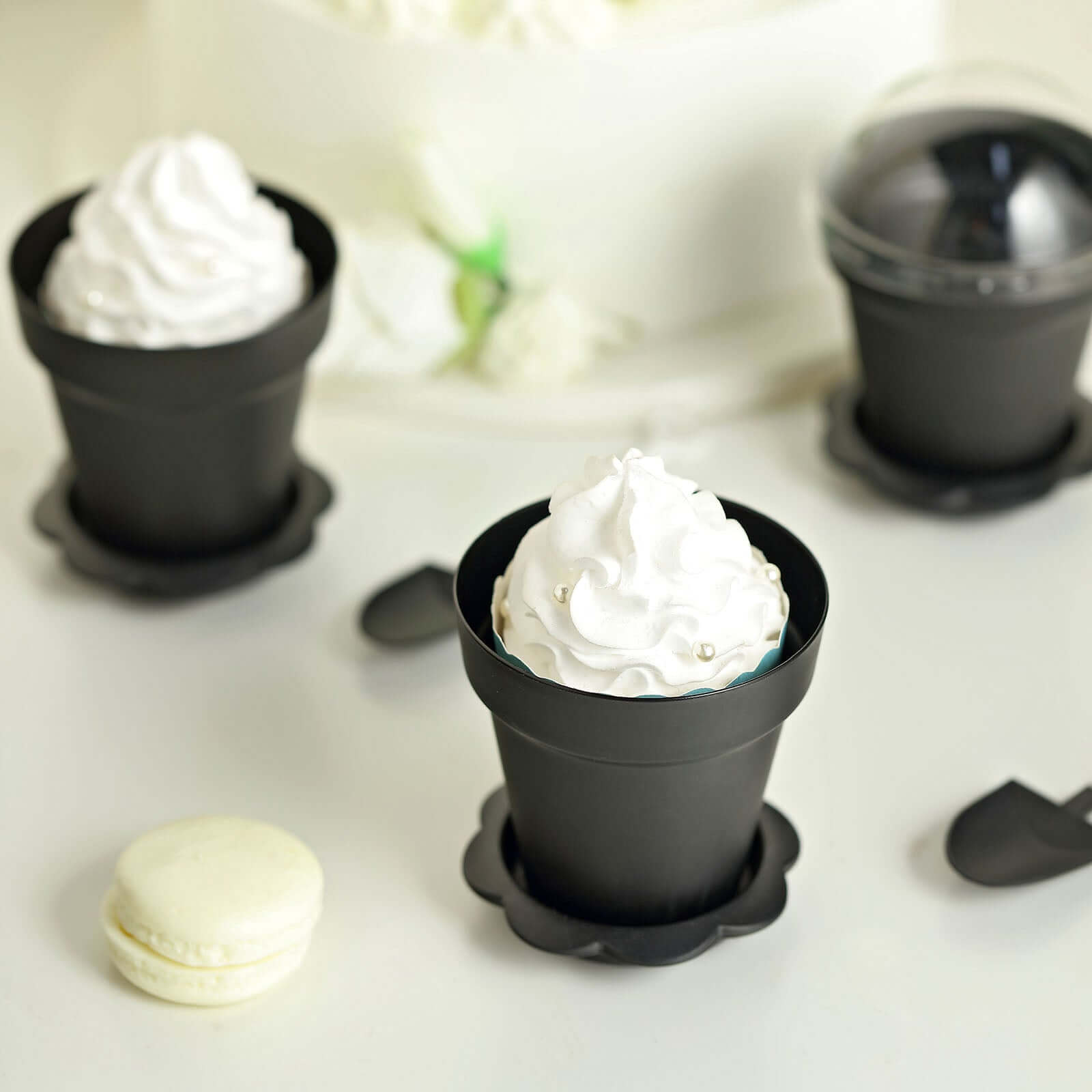 12-Pack Dessert Cups Succulent Planter Design Black - Plastic Serving Cups with Lids and Shovels 4"