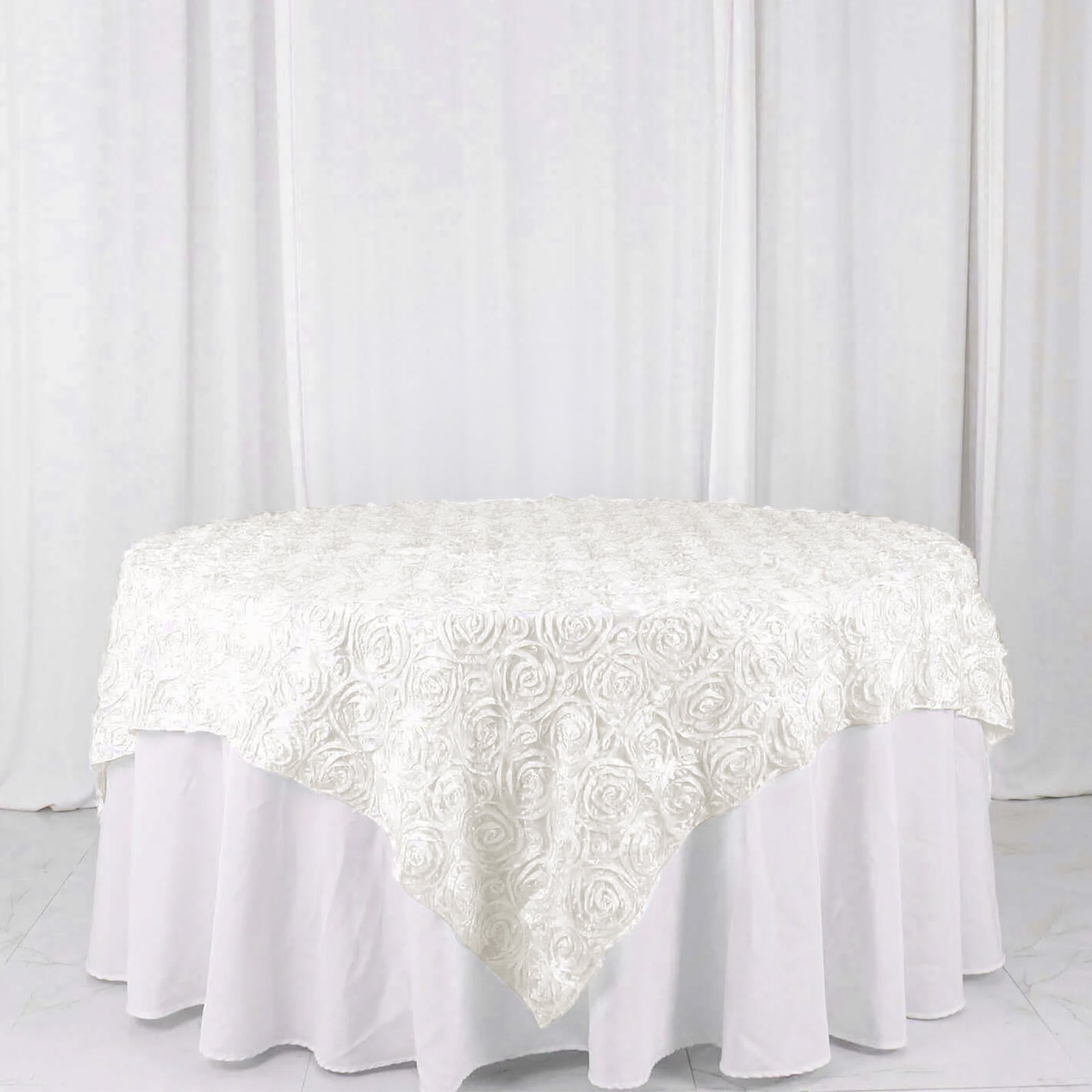 72"x72" Ivory 3D Rosette Satin Square Table Overlay