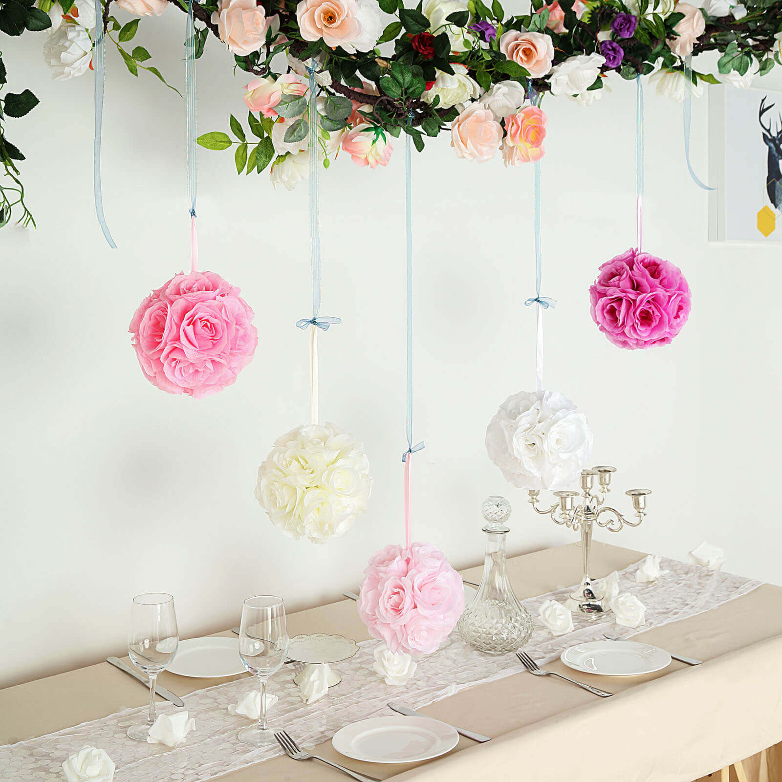 2 Pack 7" White Artificial Silk Rose Kissing Ball, Faux Flower Ball