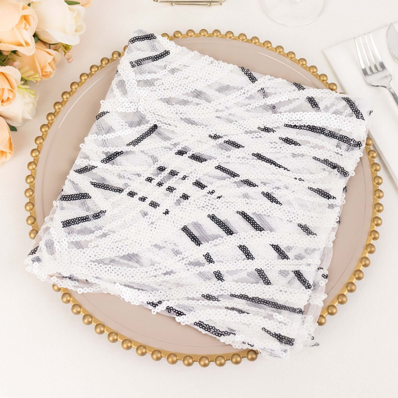 Sequin Mesh 20"x20" Napkin White Black - Wave Embroidered Reusable Napkin
