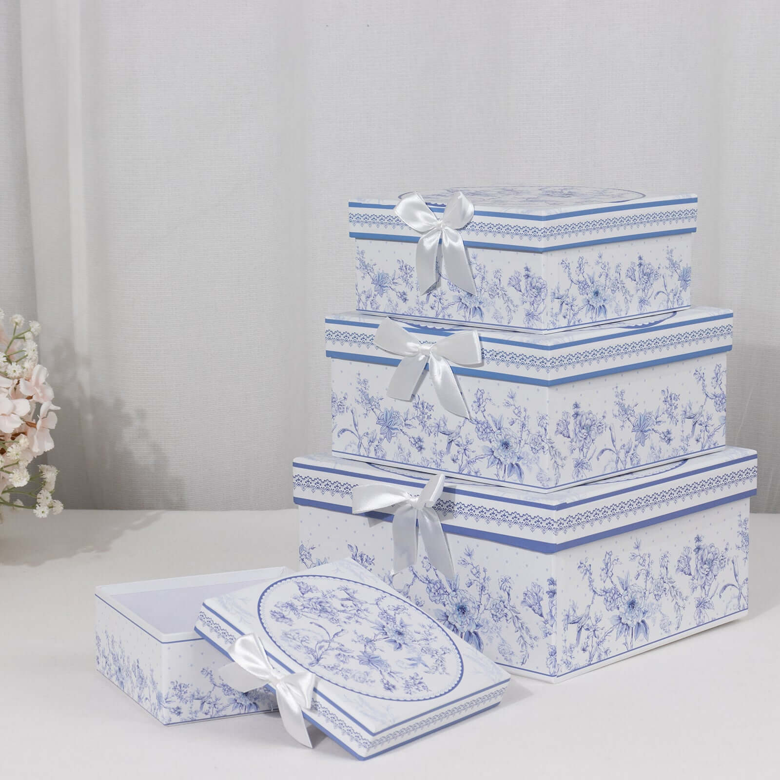 Set of 4 Cardstock Round Nesting Gift Boxes White Blue French Toile Design - Decorative Heavy Duty Stackable Keepsake Boxes With Lids for Presents Storage & Pedestal Stand 5",7",8",9"