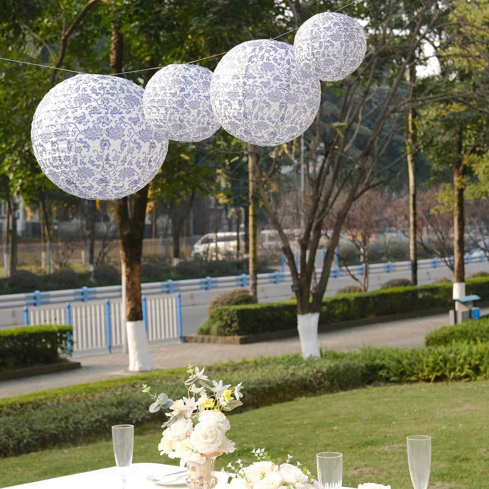 Set of 8 White Blue Hanging Chinese Lanterns in French Toile Floral Pattern, Festival Paper Lanterns - 6",8",10",14"